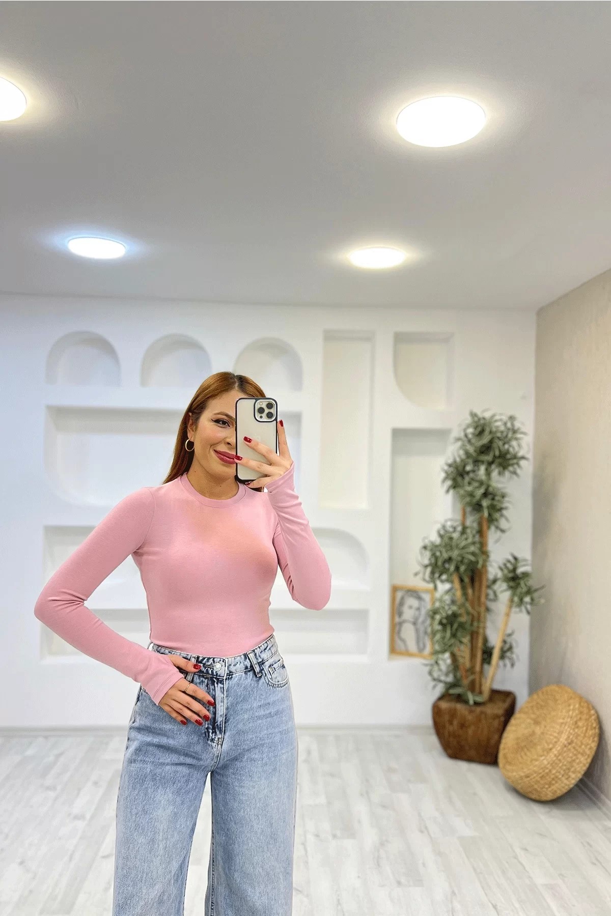 Oysho Parmak Geçmeli Uzun Kol Bady Pembe