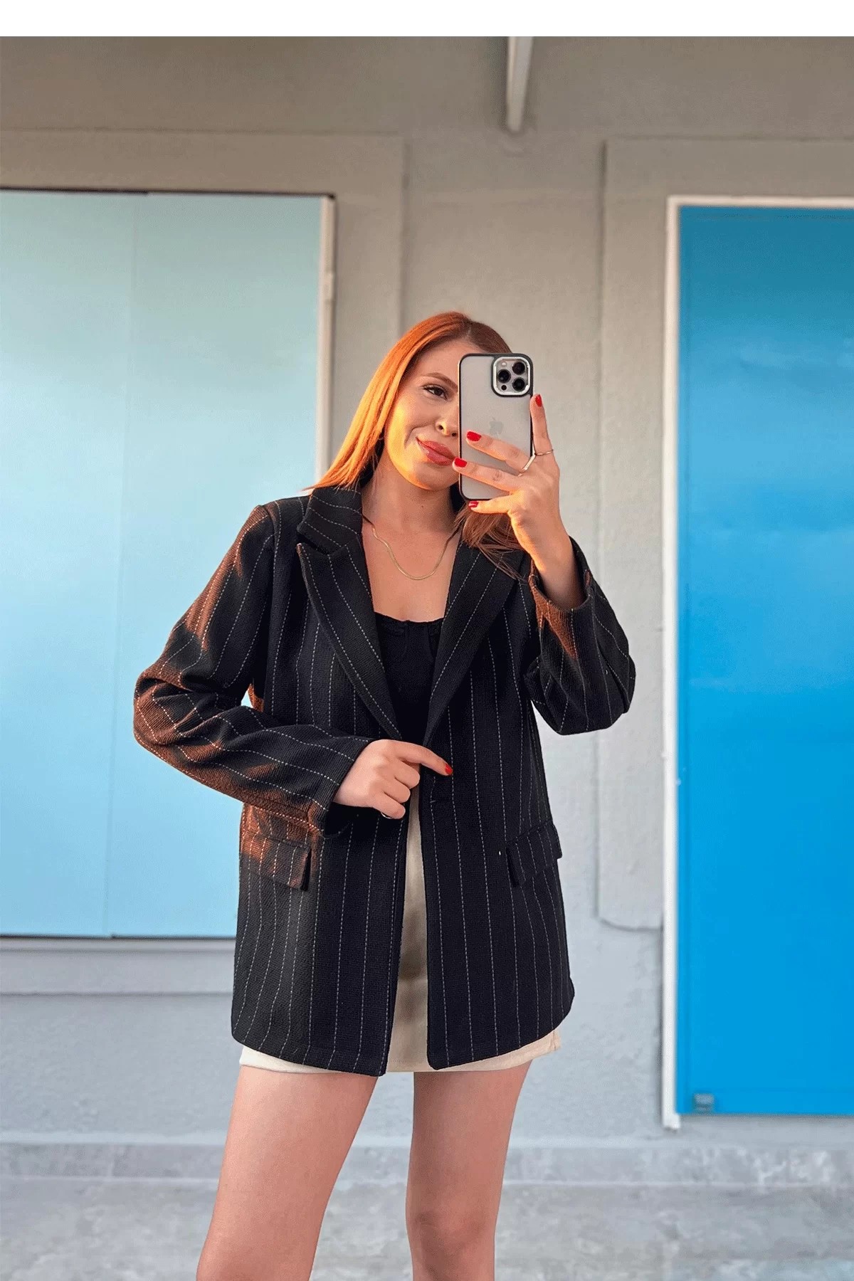 Çizgili Blazer Keten Siyah Ceket