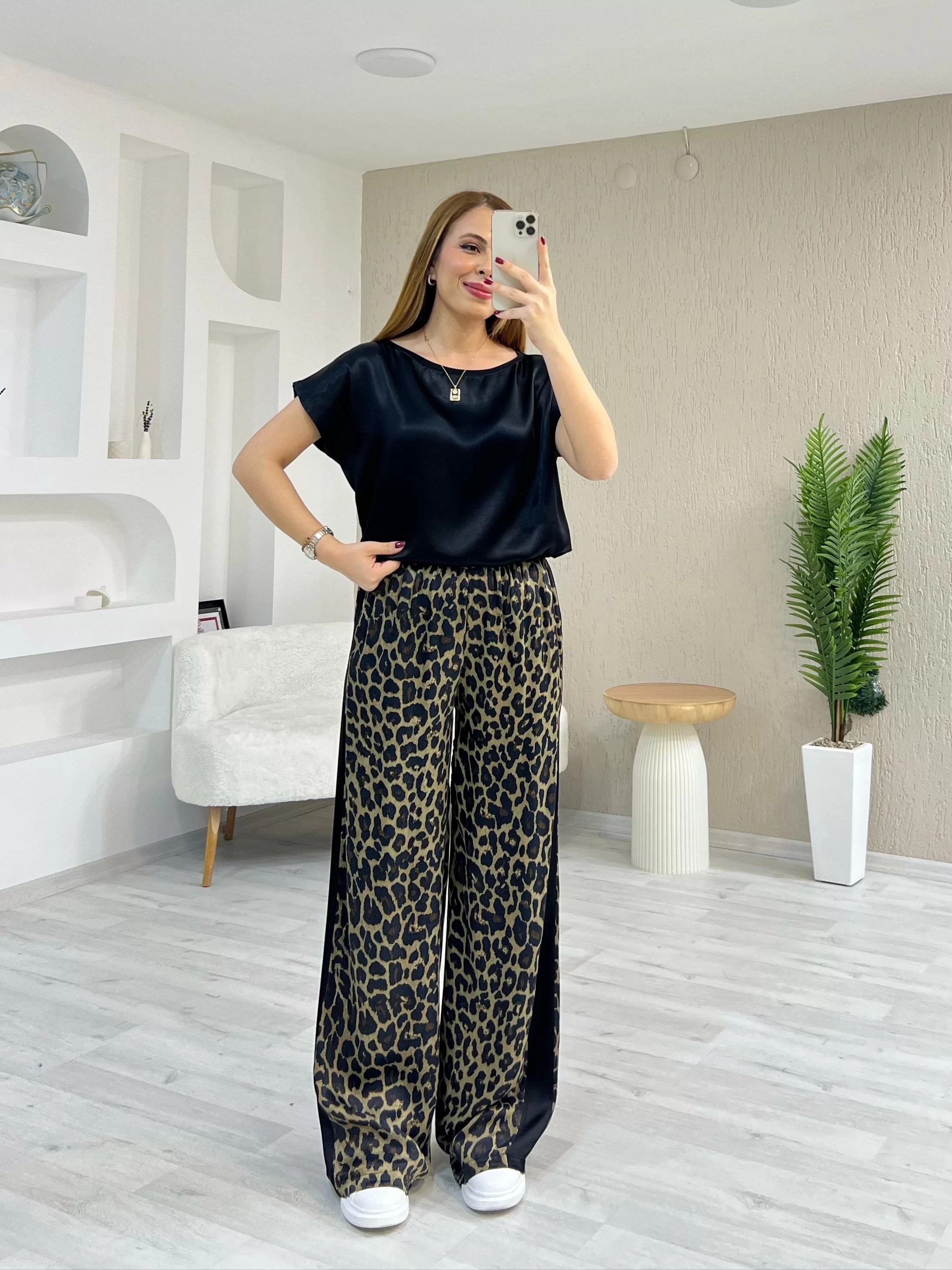Saten Leopar Takım Siyah