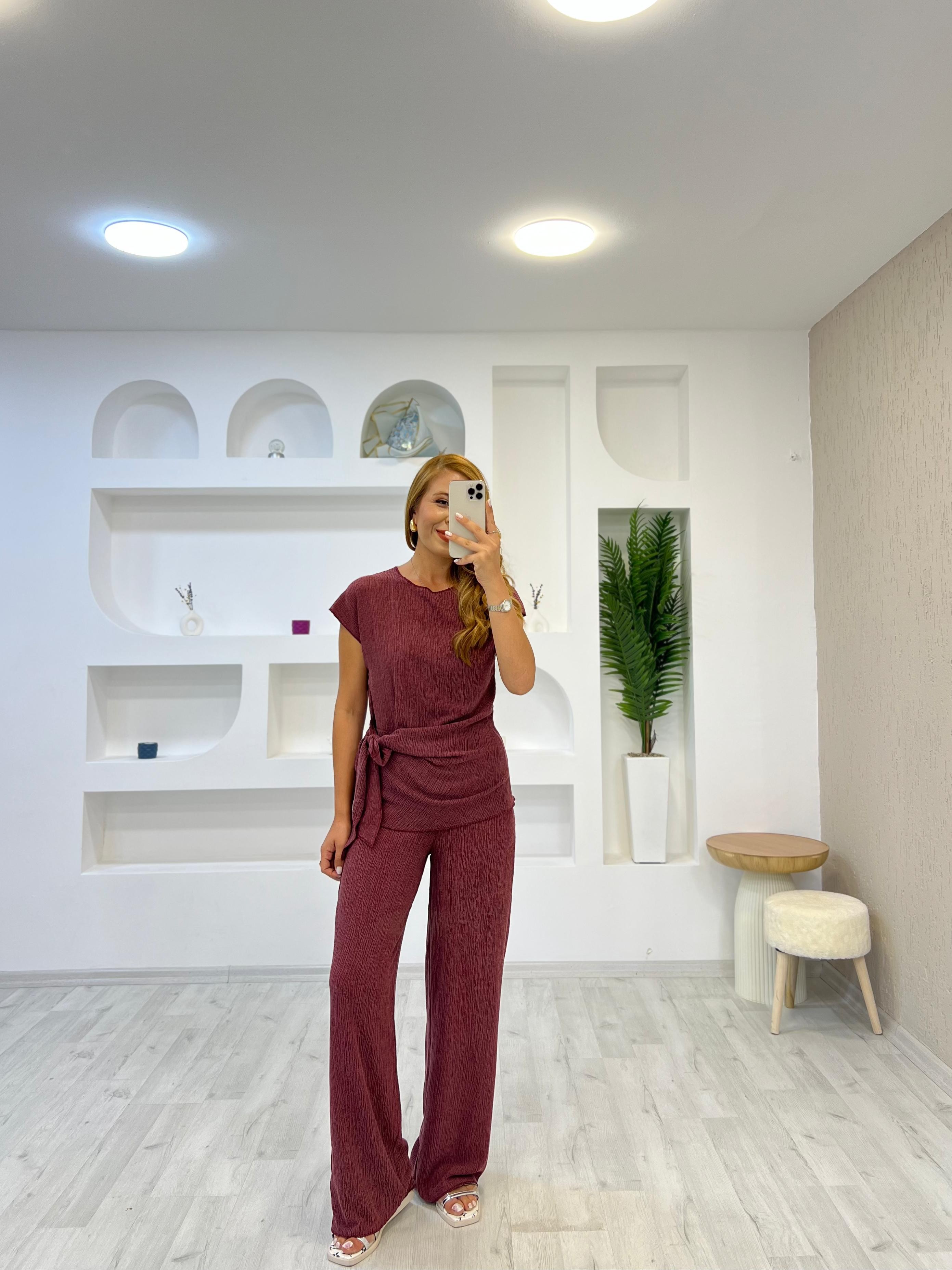 Bağlama Detaylı Krinkıl Kumaş Bluz Pantolon Takım Bordo