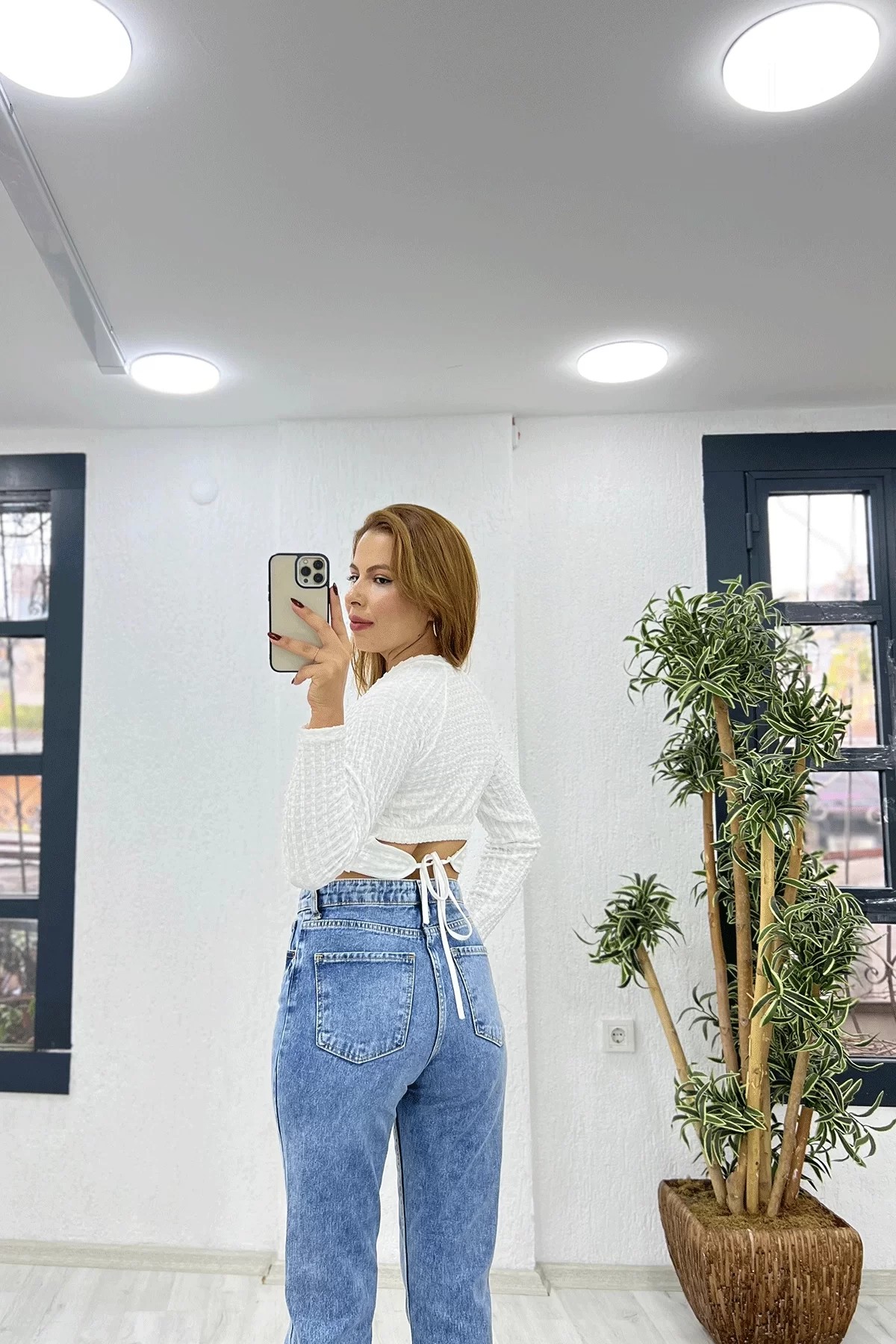 Kabartma Triko Beyaz Crop