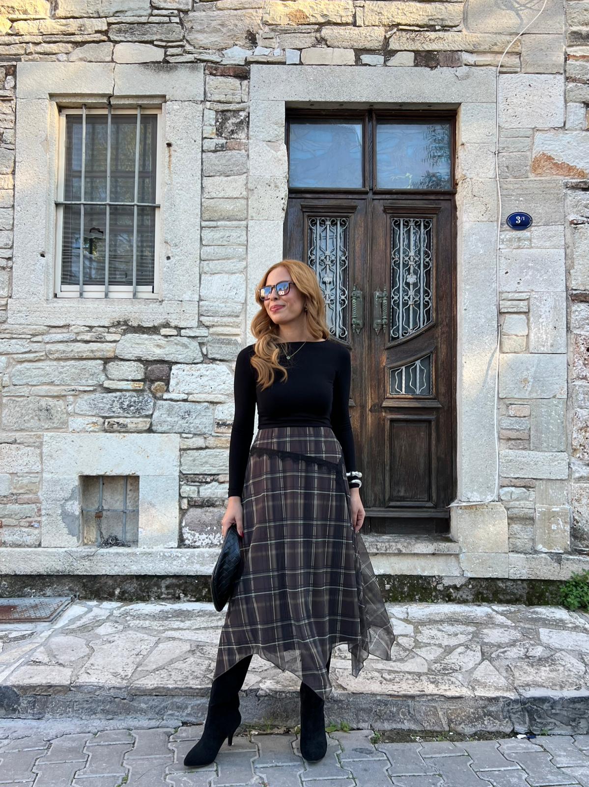 Ekose Dantel Kemerli Etek