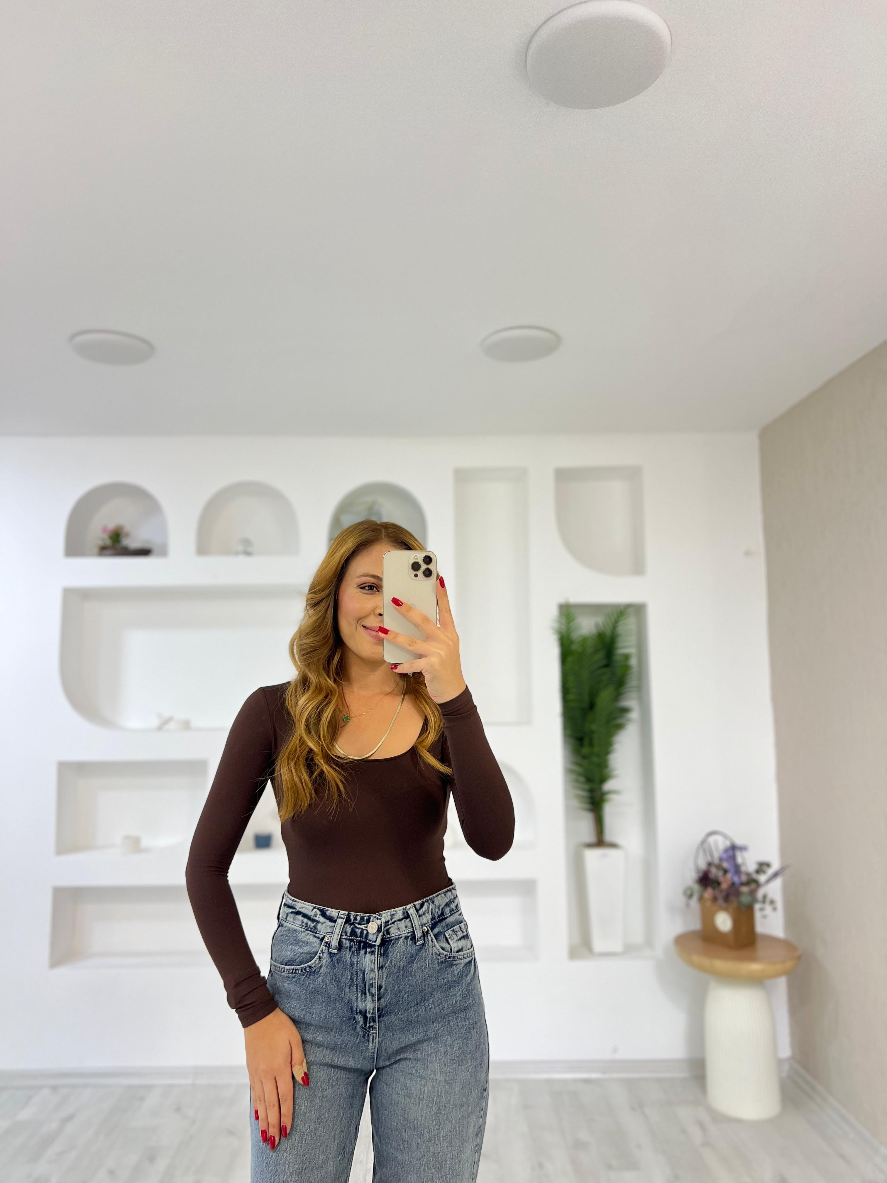 Sandy Kumaş Kare Yaka Bady  - Kahverengi