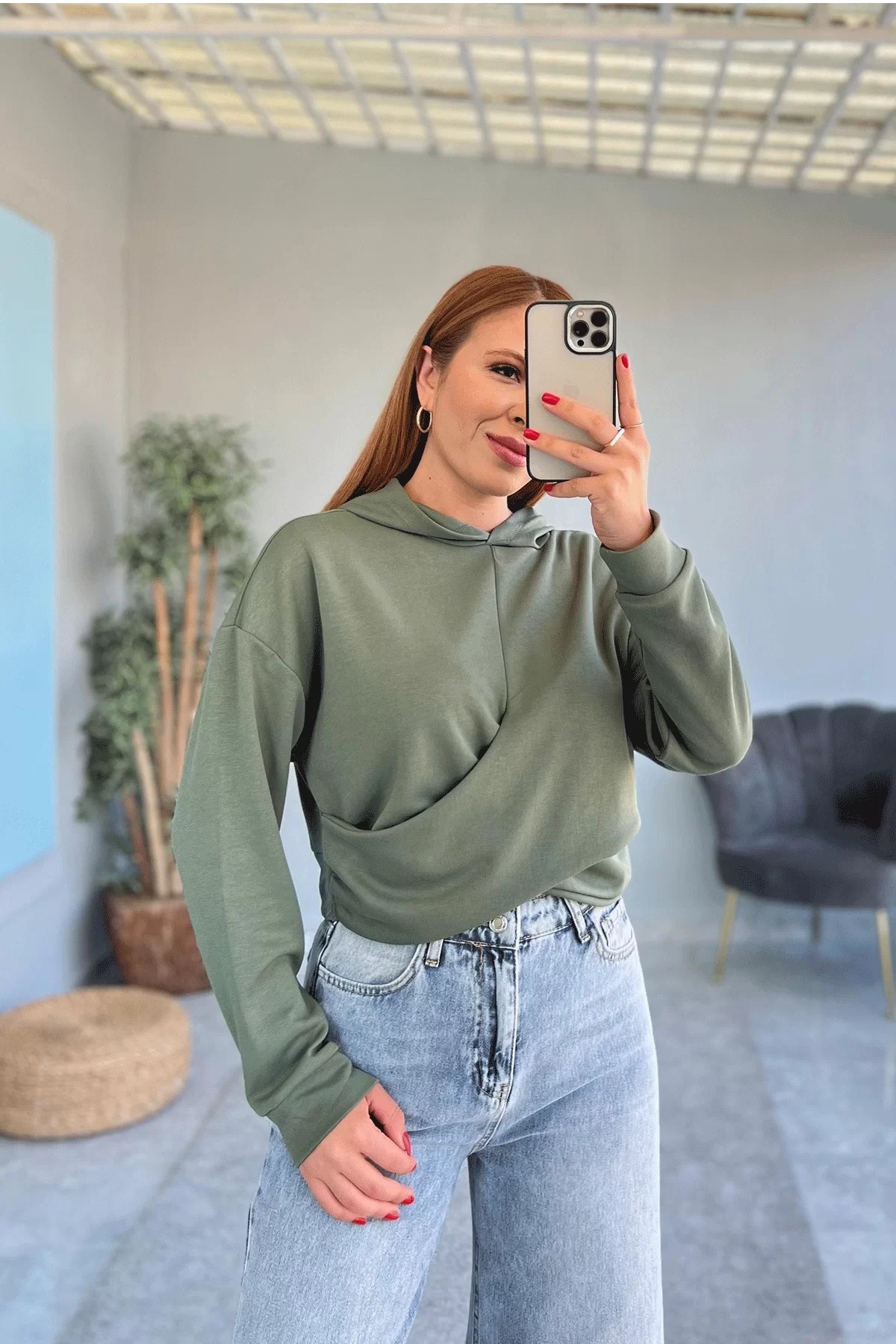 Kapşonlu Crop Yeşil Sweatshirt