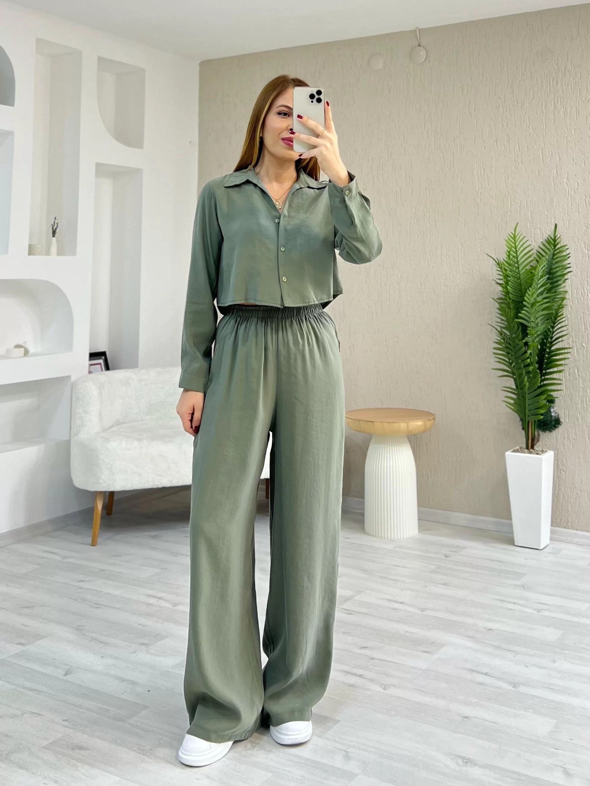 Tensel Kumaş Crop Takım Haki