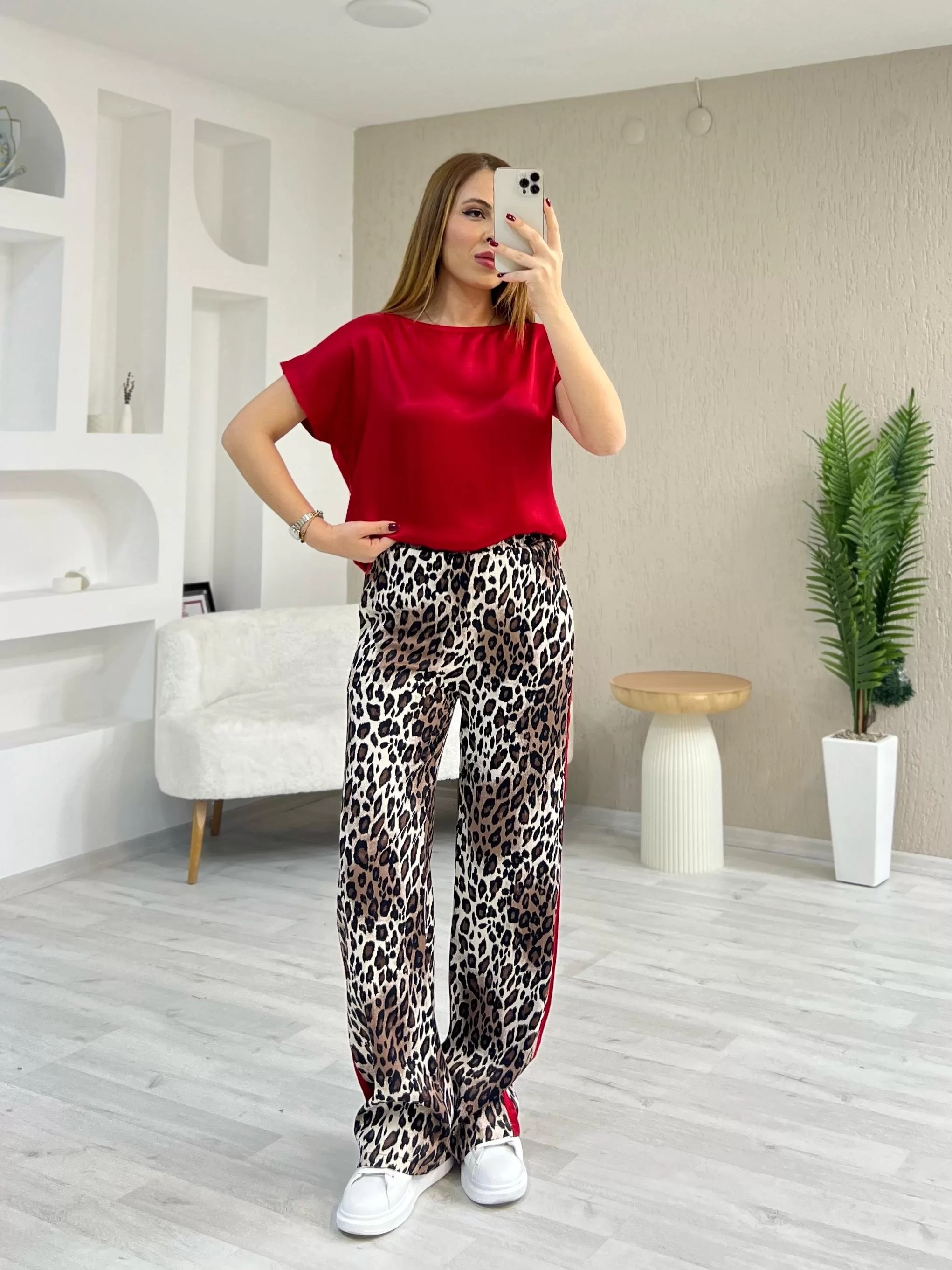 Saten Leopar Takım Kırmızı