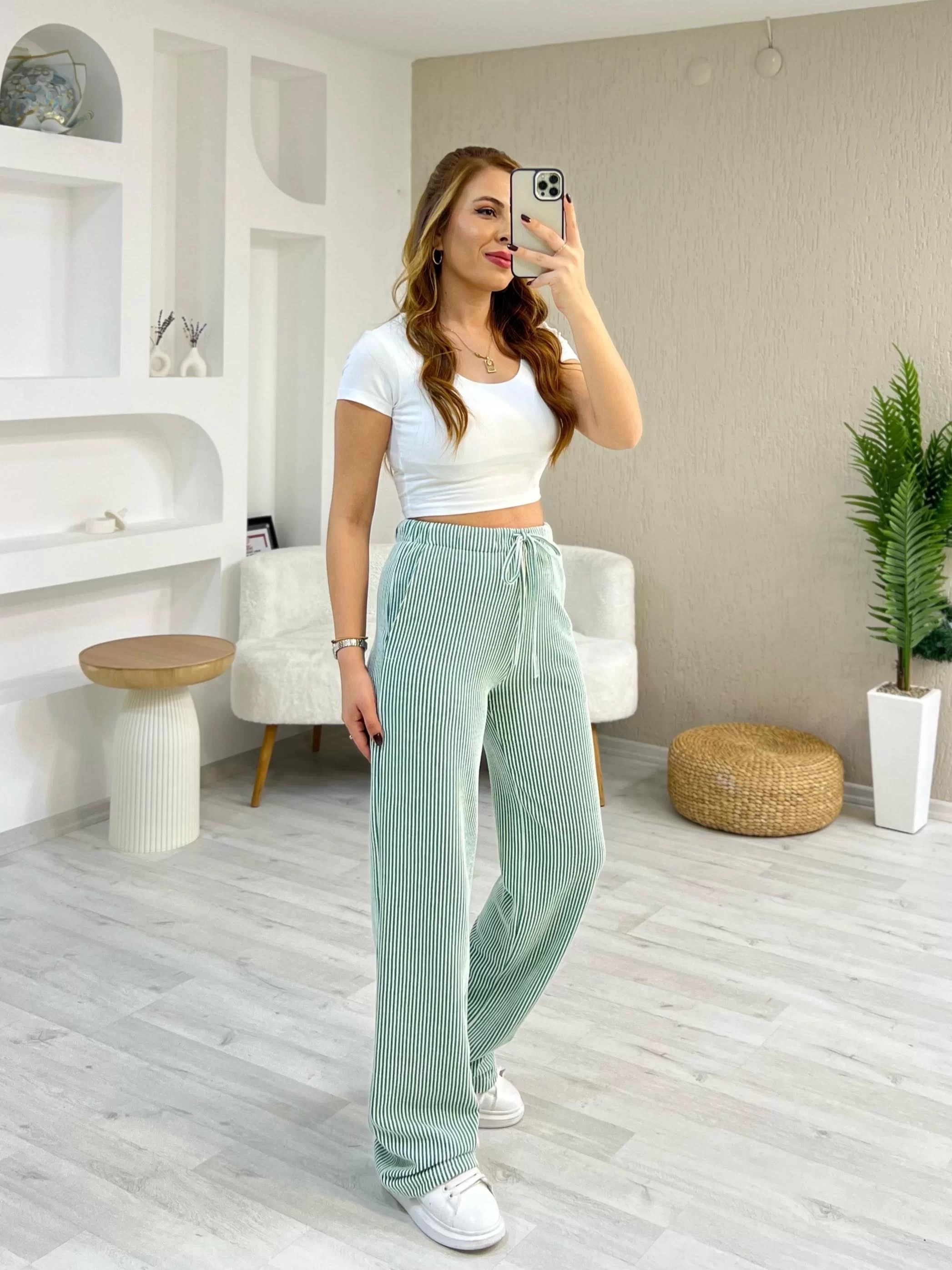 Stradivarius Çizgili Pantolon Yeşil