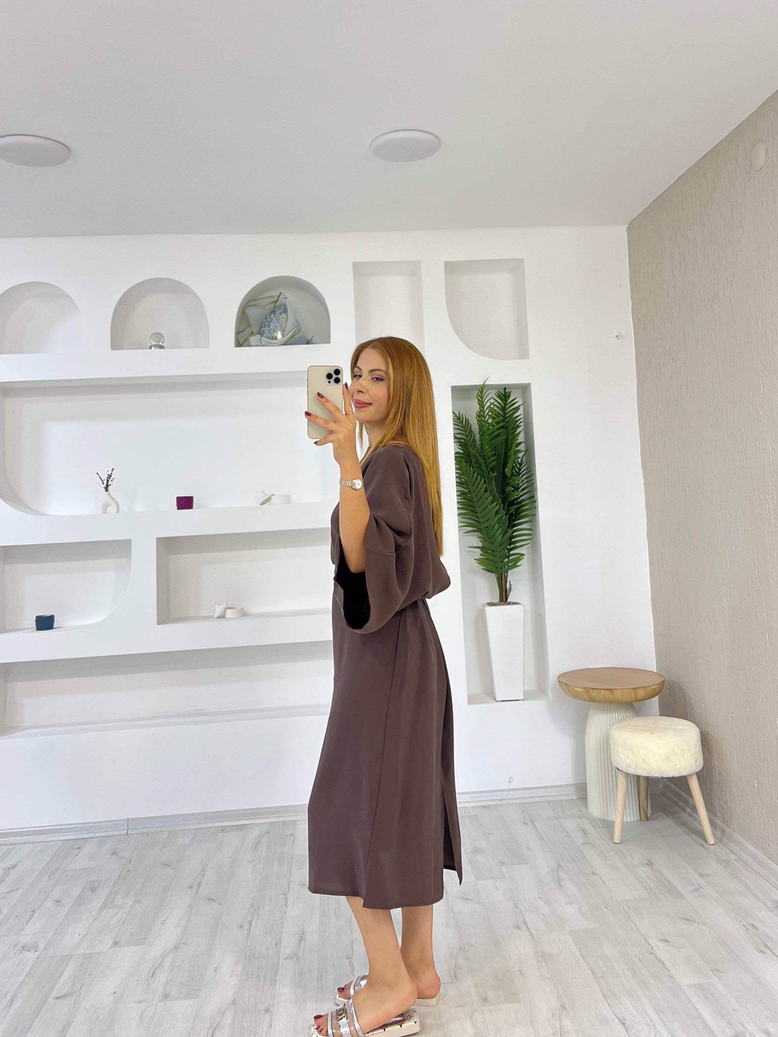 Tensel Kumaş Bel Kuşaklı Yarasa Kol Elbise