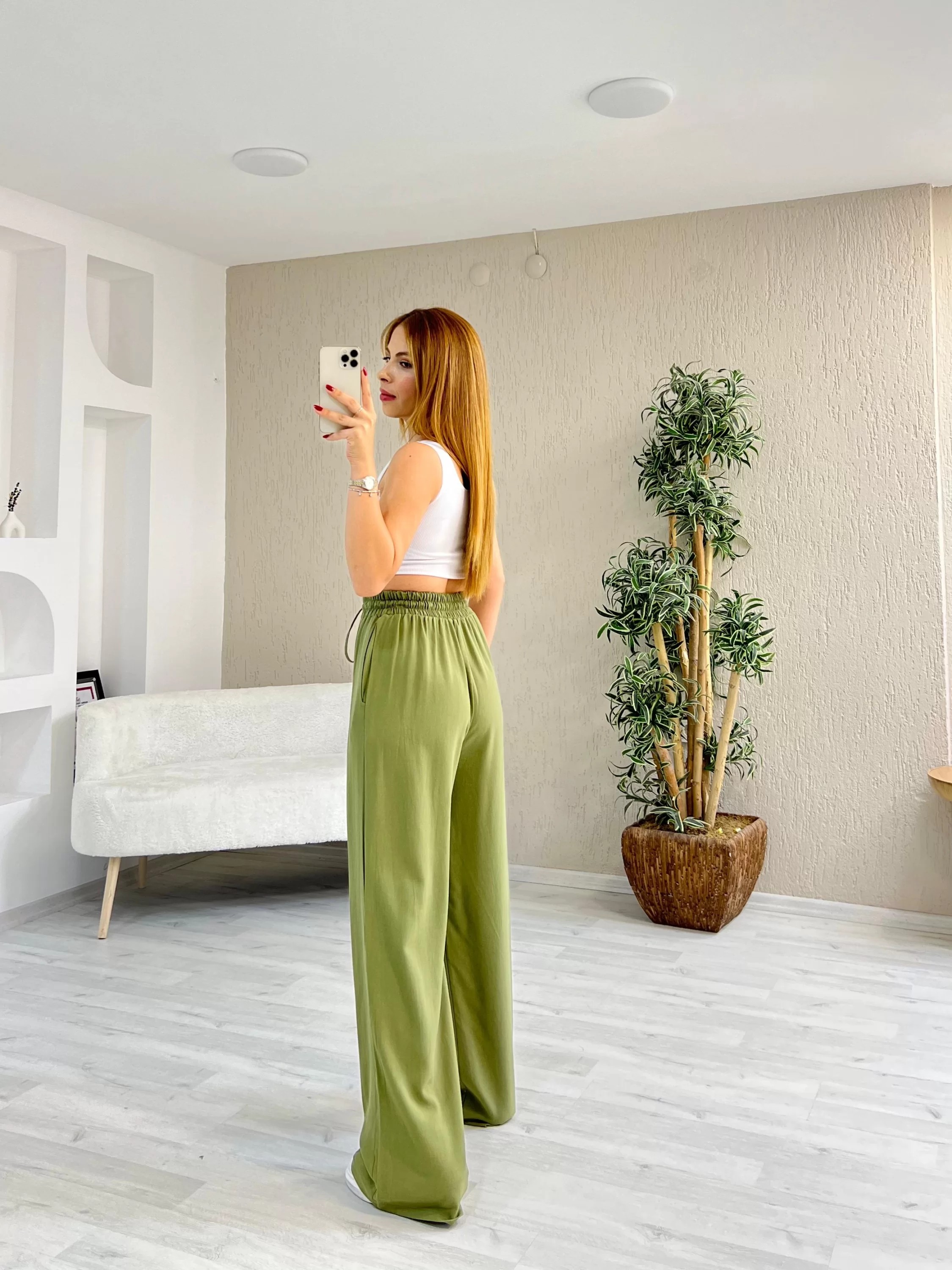 Keten Viskon Bel Lastikli Pantolon Yeşil