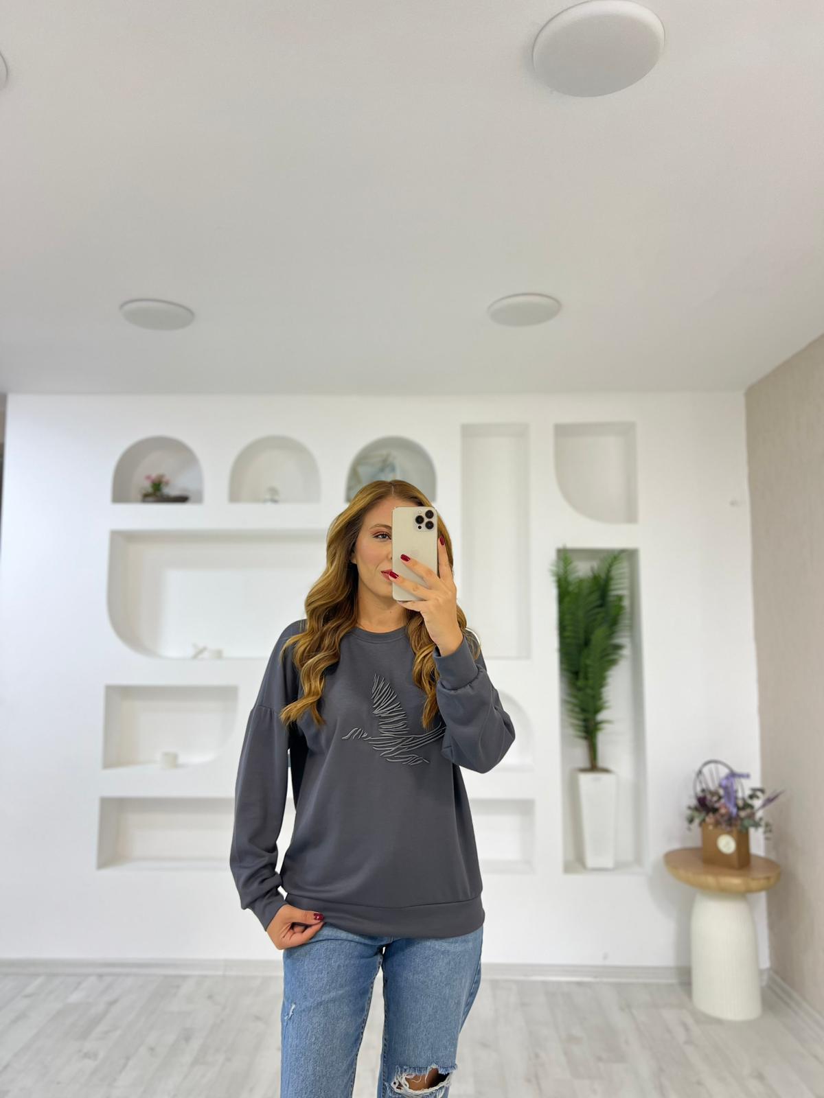 Evalı Kuş Nakışlı Sweat - Antrasit