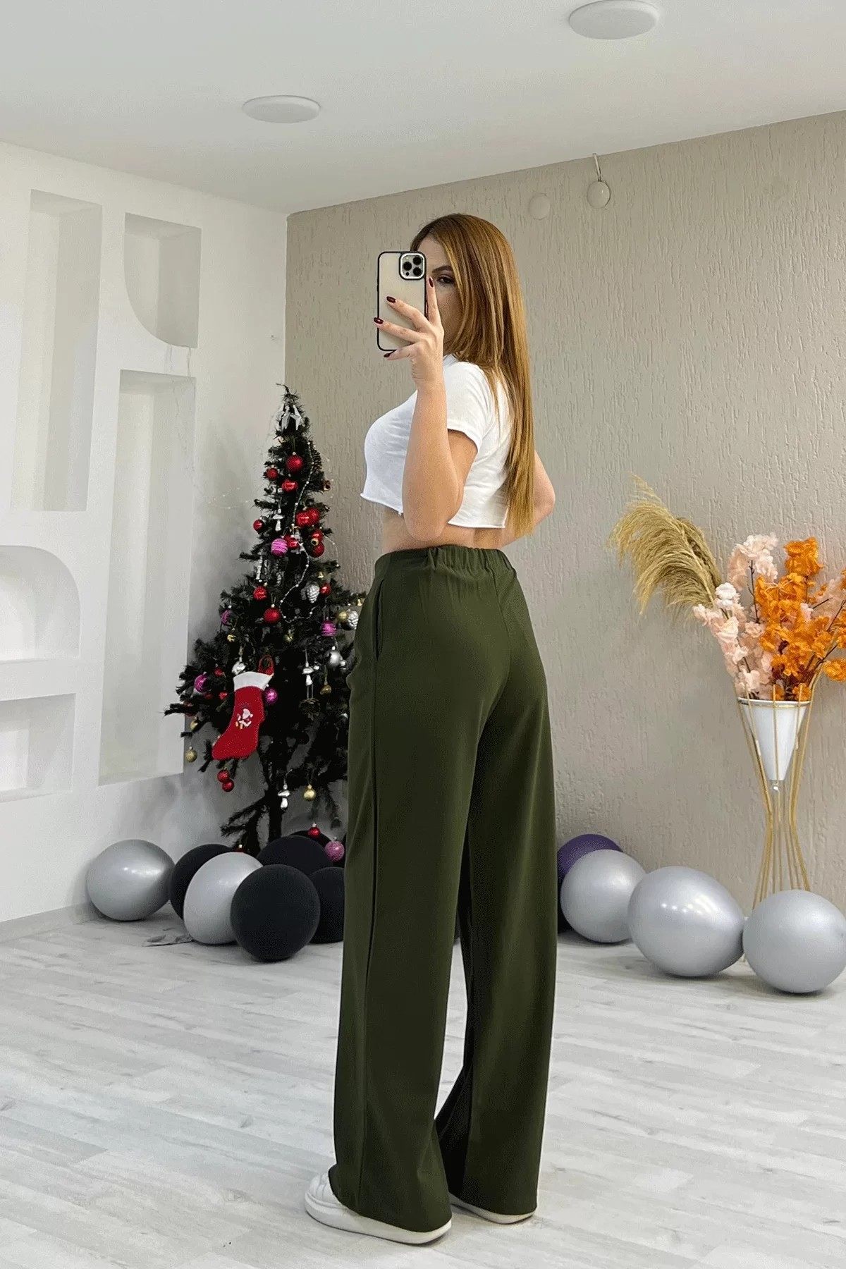Ön Pileli Kaplama Düğmeli Yeşil Pantolon