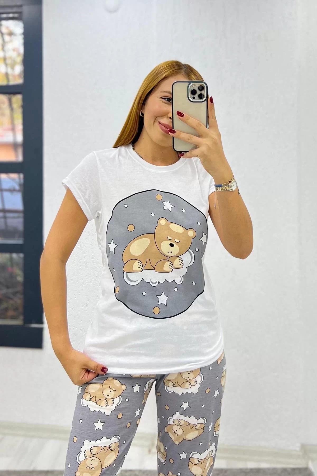 Yarım Kollu Baskılı Pijama Takımı Gri