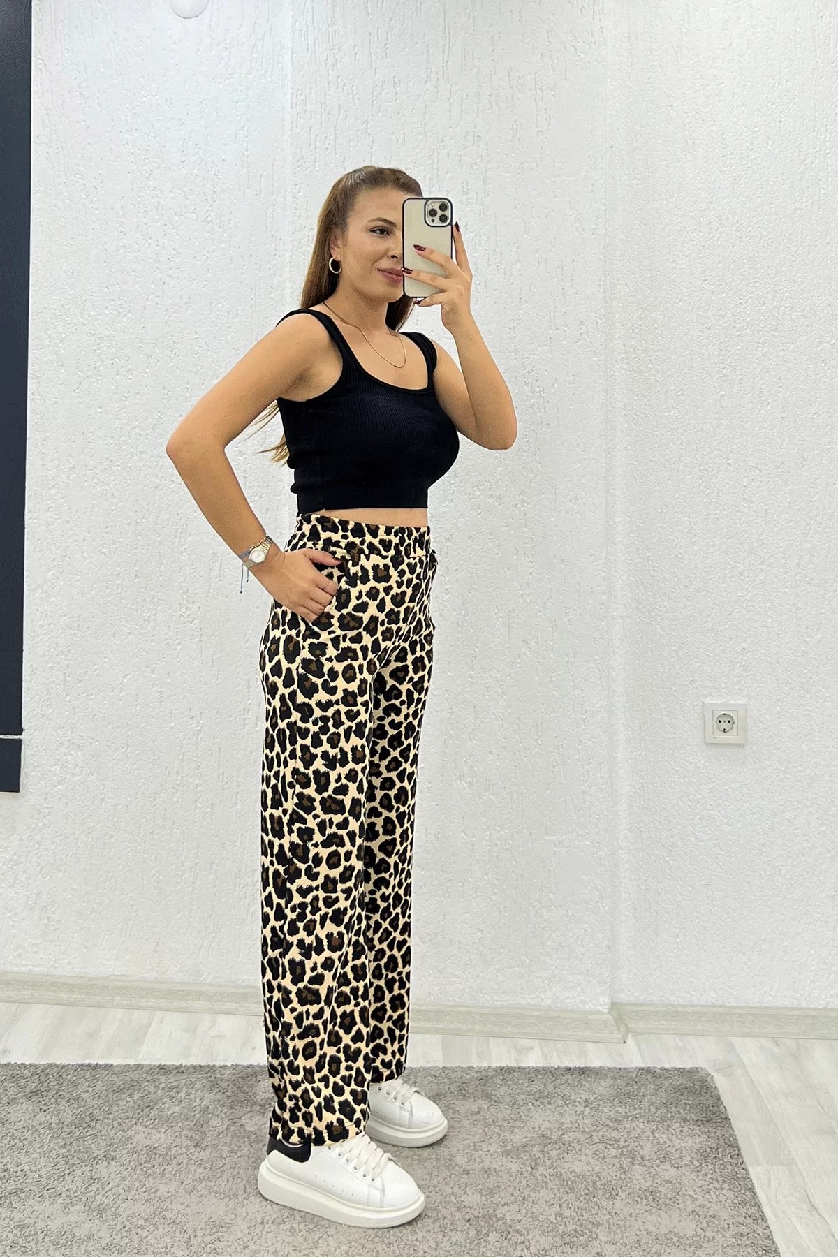 Krep Kumaş Leopar Pantolon