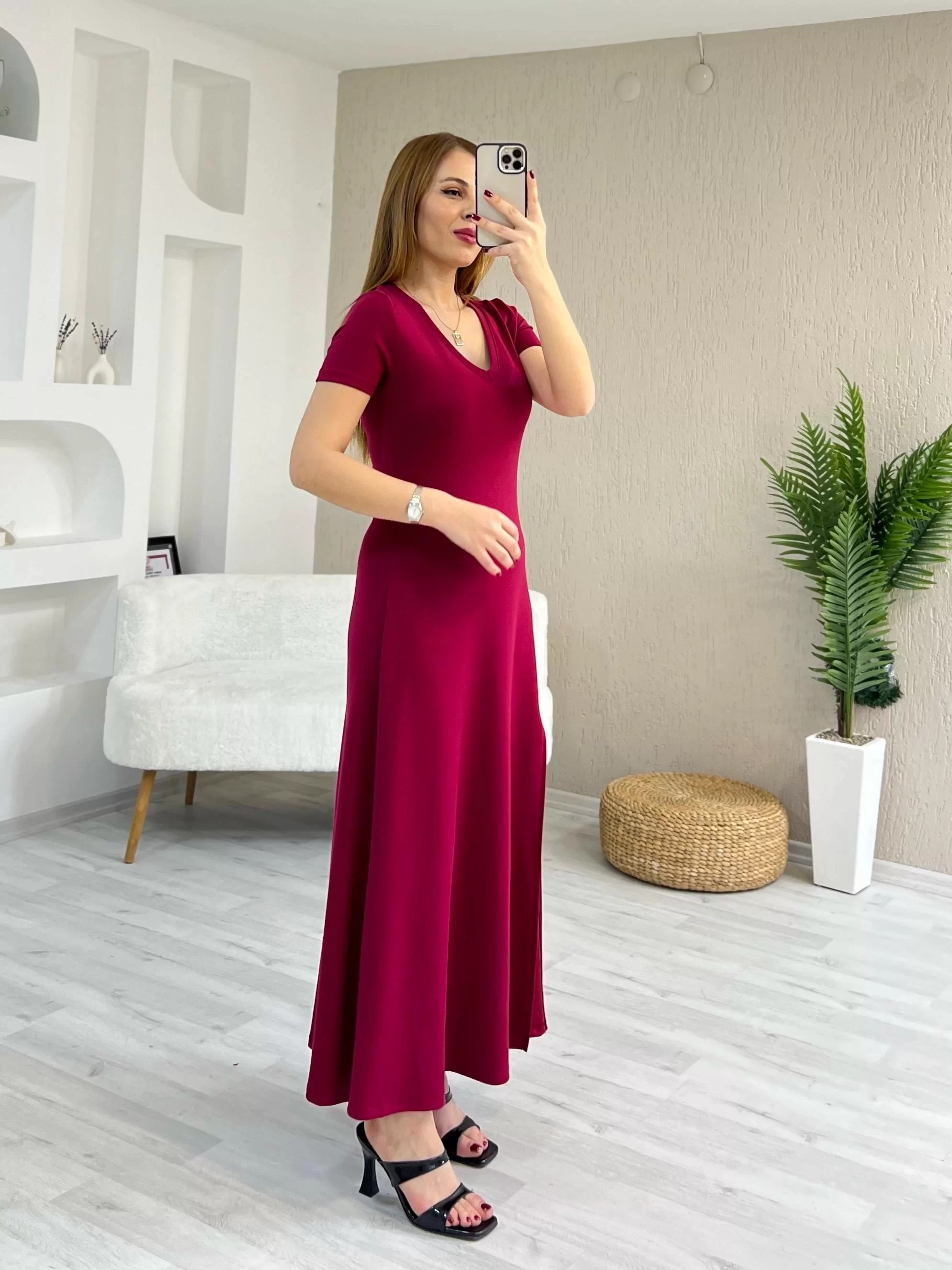Modal Tek Yırtmaçlı Maxi Boy Elbise Fuşya