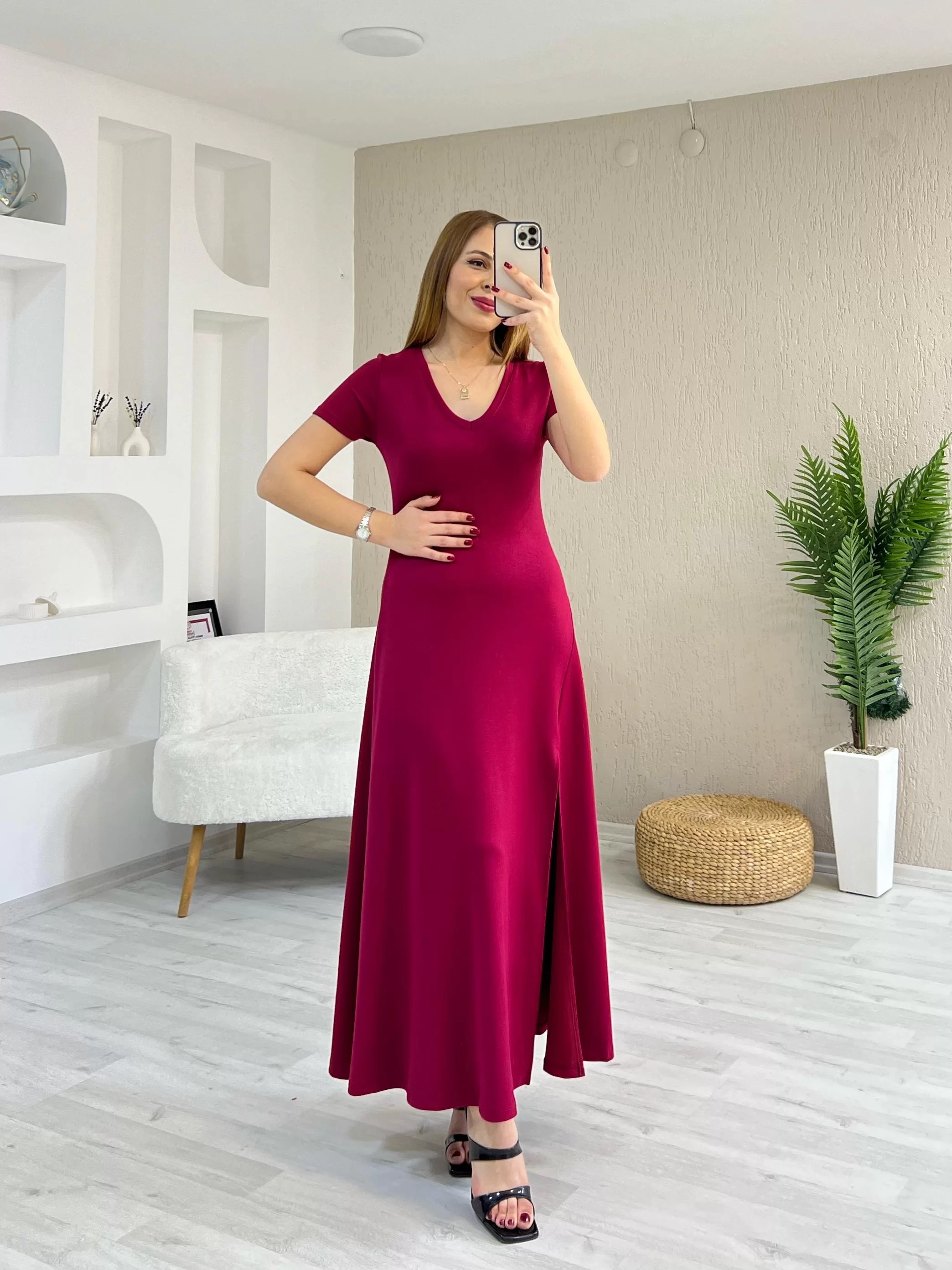 Modal Tek Yırtmaçlı Maxi Boy Elbise Fuşya