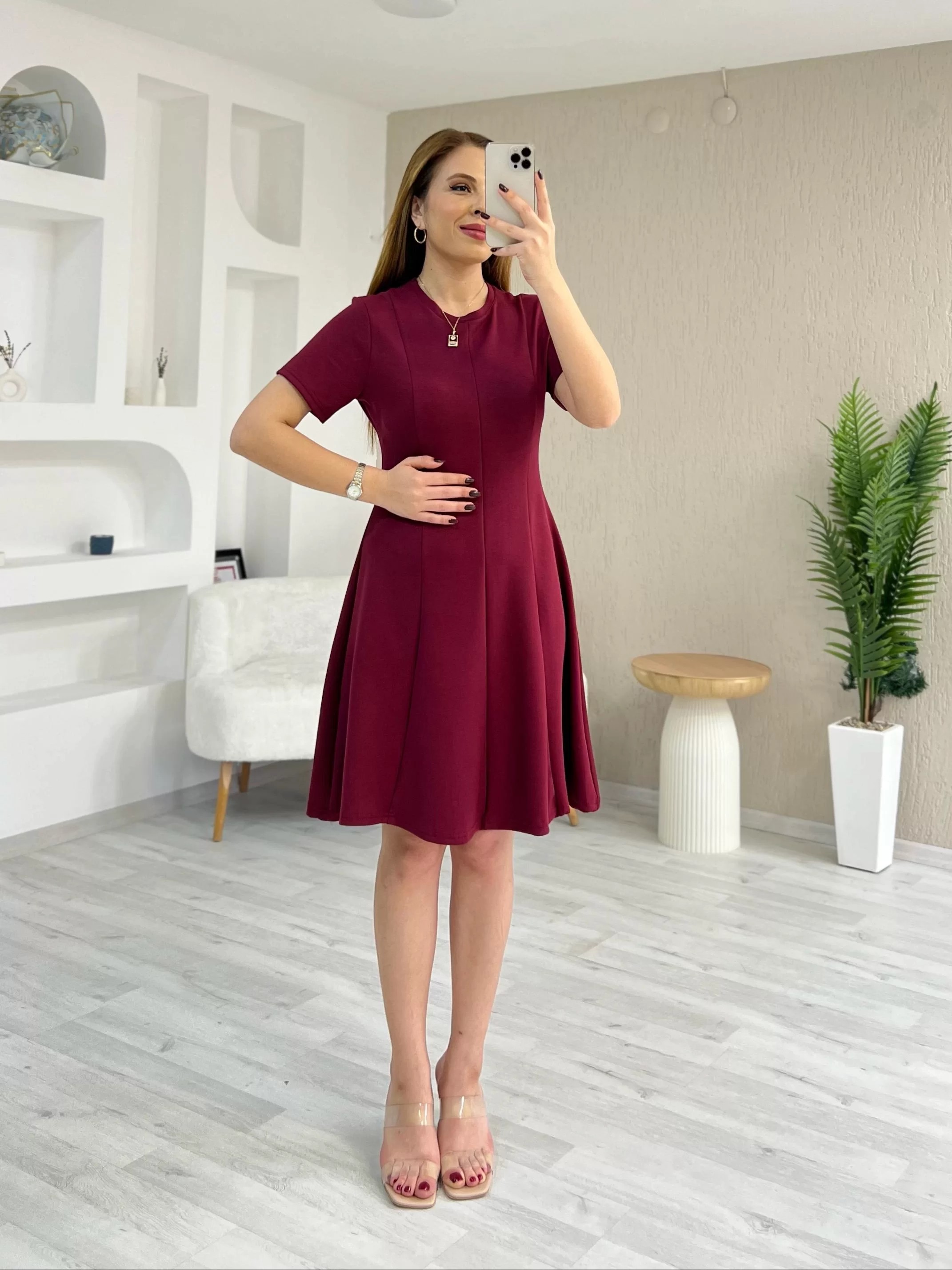 Dilim Detaylı Modal Kumaş Elbise Bordo