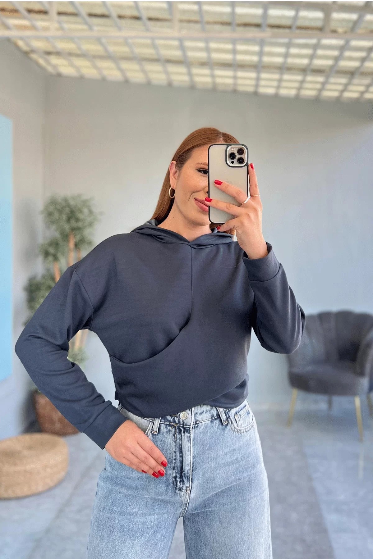 Kapşonlu Crop Antrasit Sweatshirt