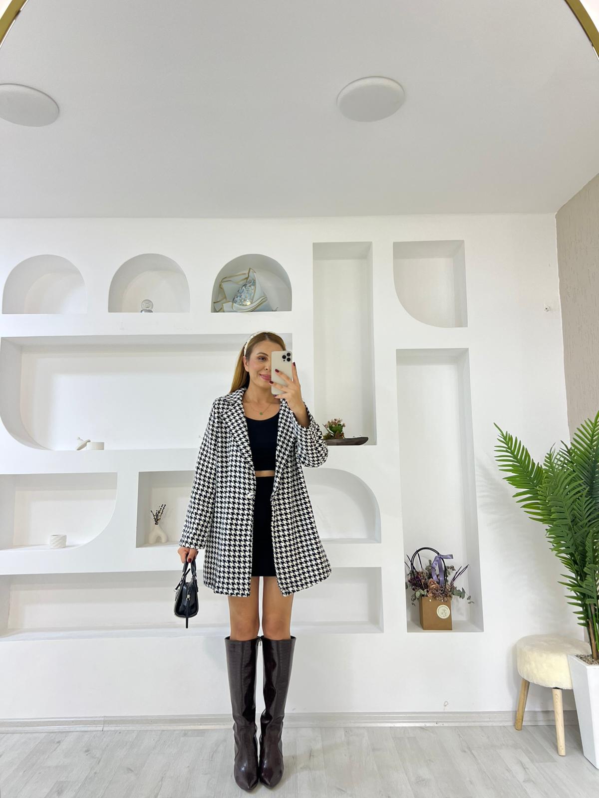 Kazayağı Blazer Ceket - Siyah/Beyaz