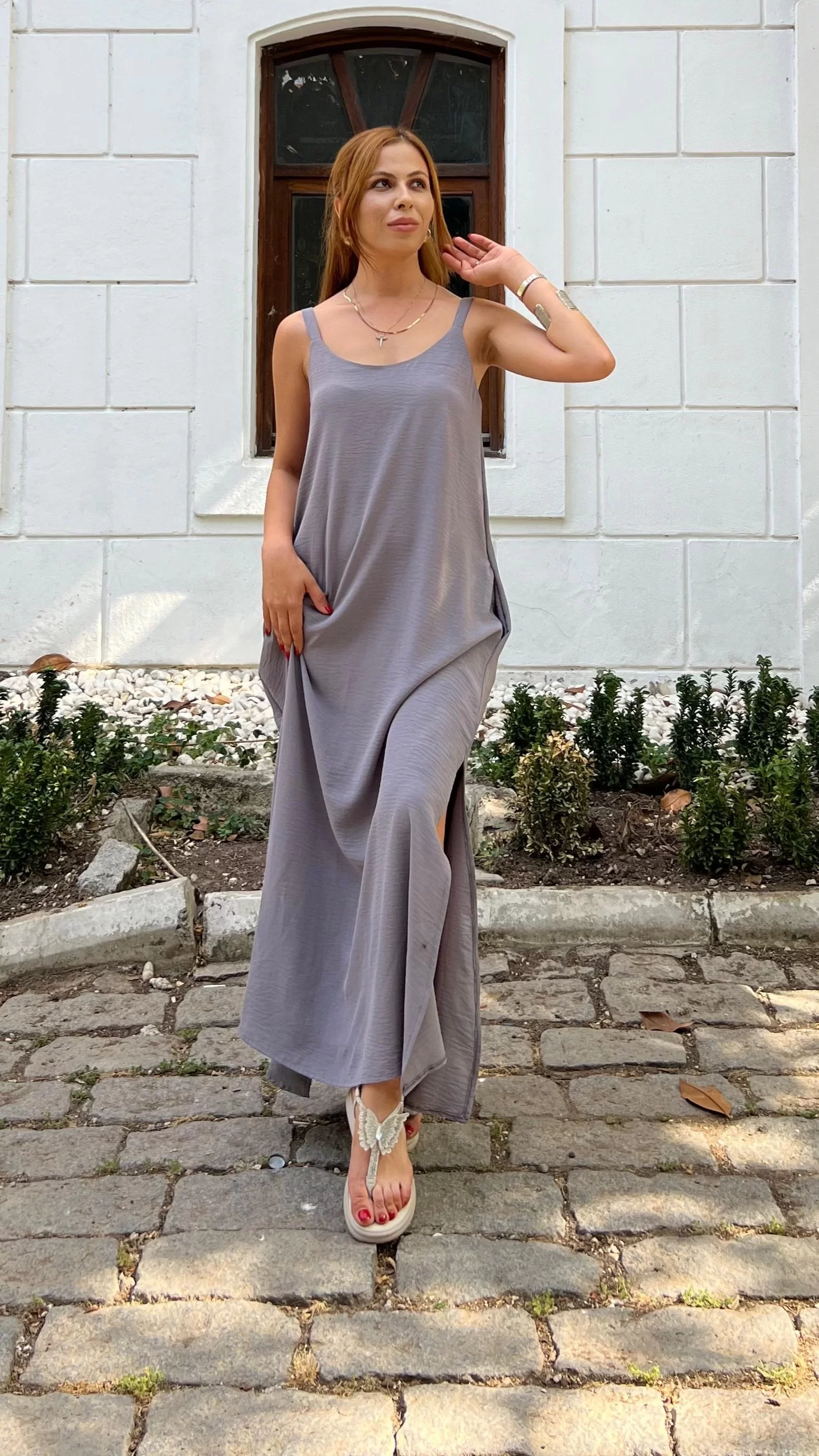 İp Askılı Yırtmaçlı Ayrobin Elbise Gri