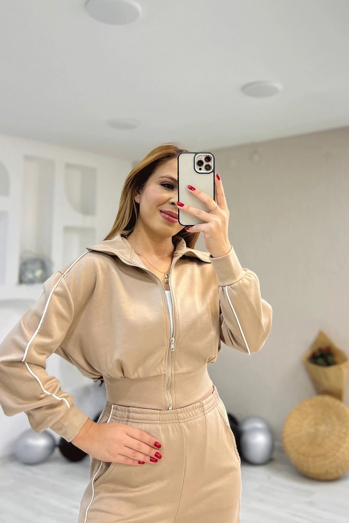 Modal Kumaş Şeritli Crop Ekru İkili Takım