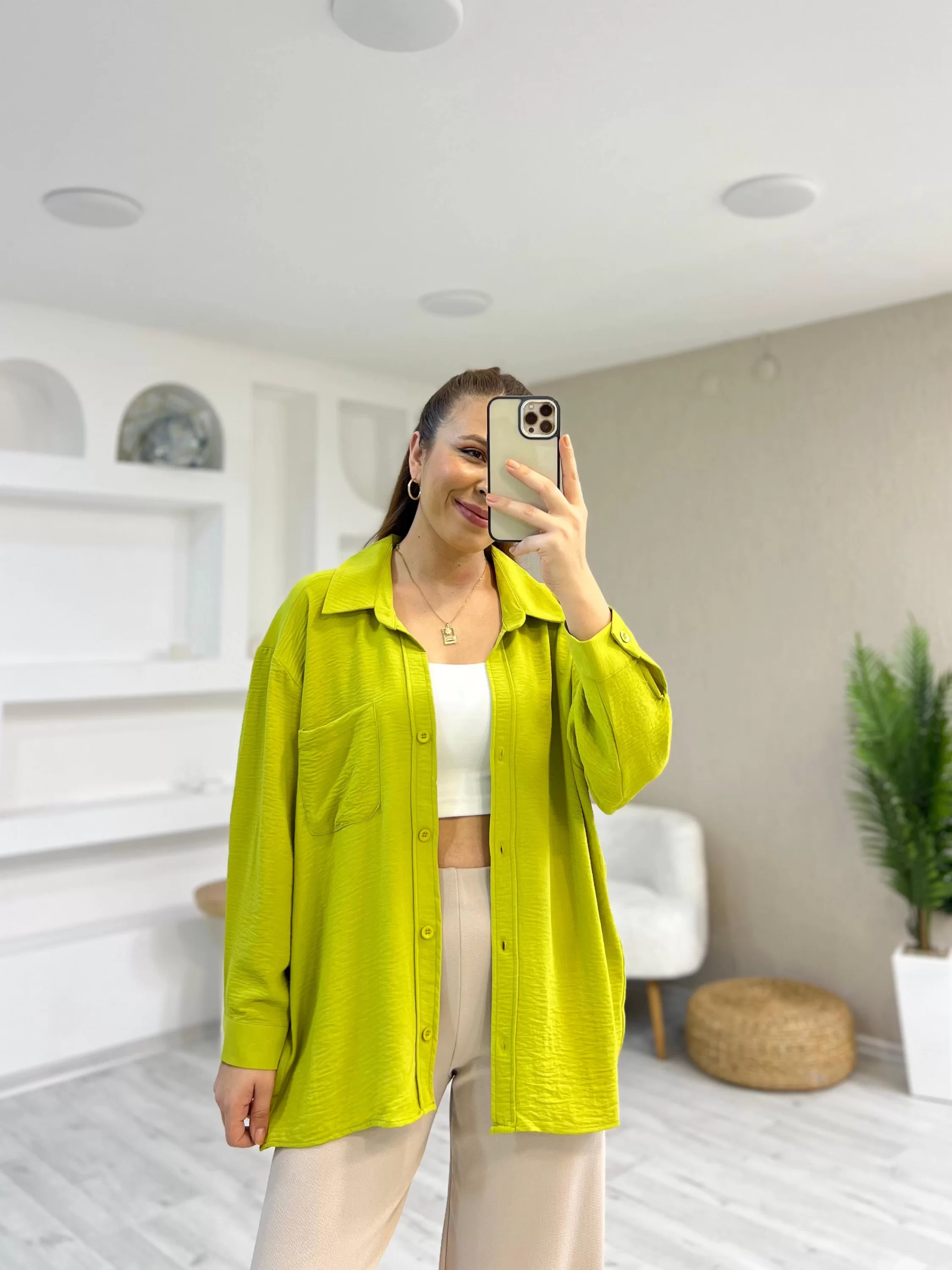 Ayrobin Kumaş Tek Cep Oversize Gömlek Olive