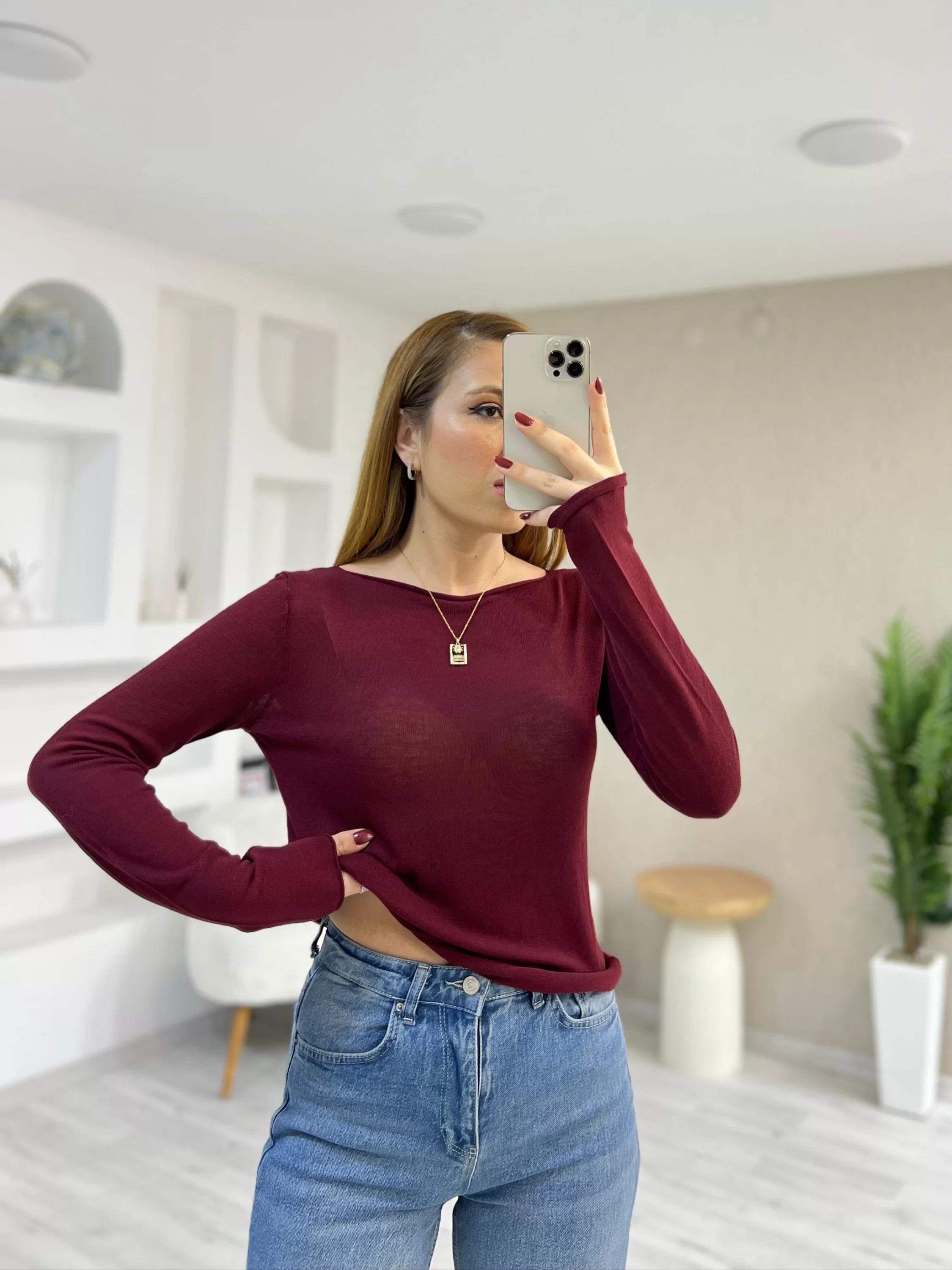 Kayık Yaka Transparan Bluz Bordo