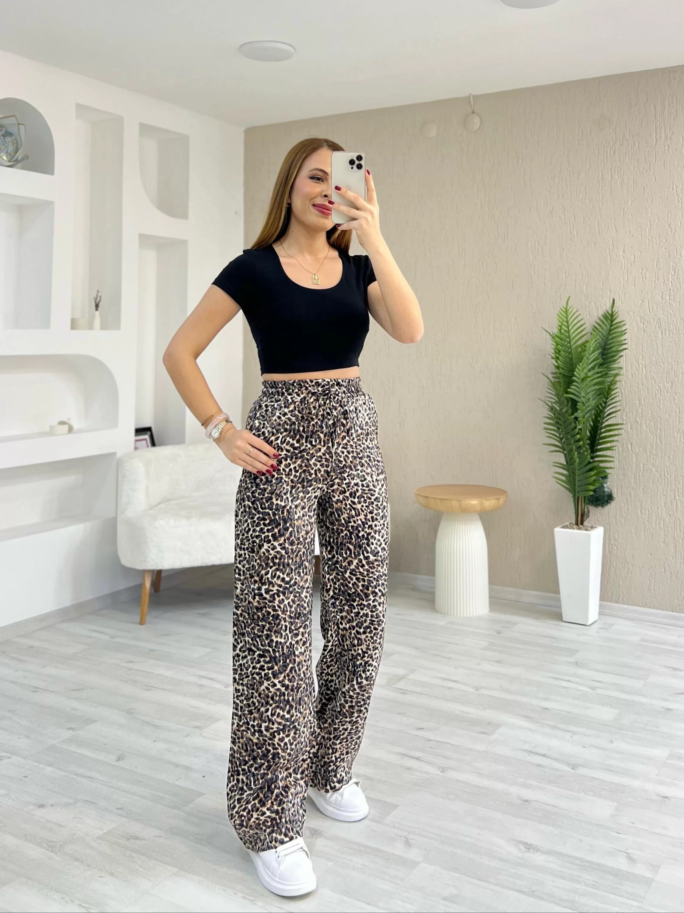 Kahverengi Leopar Bol Paça Pantolon