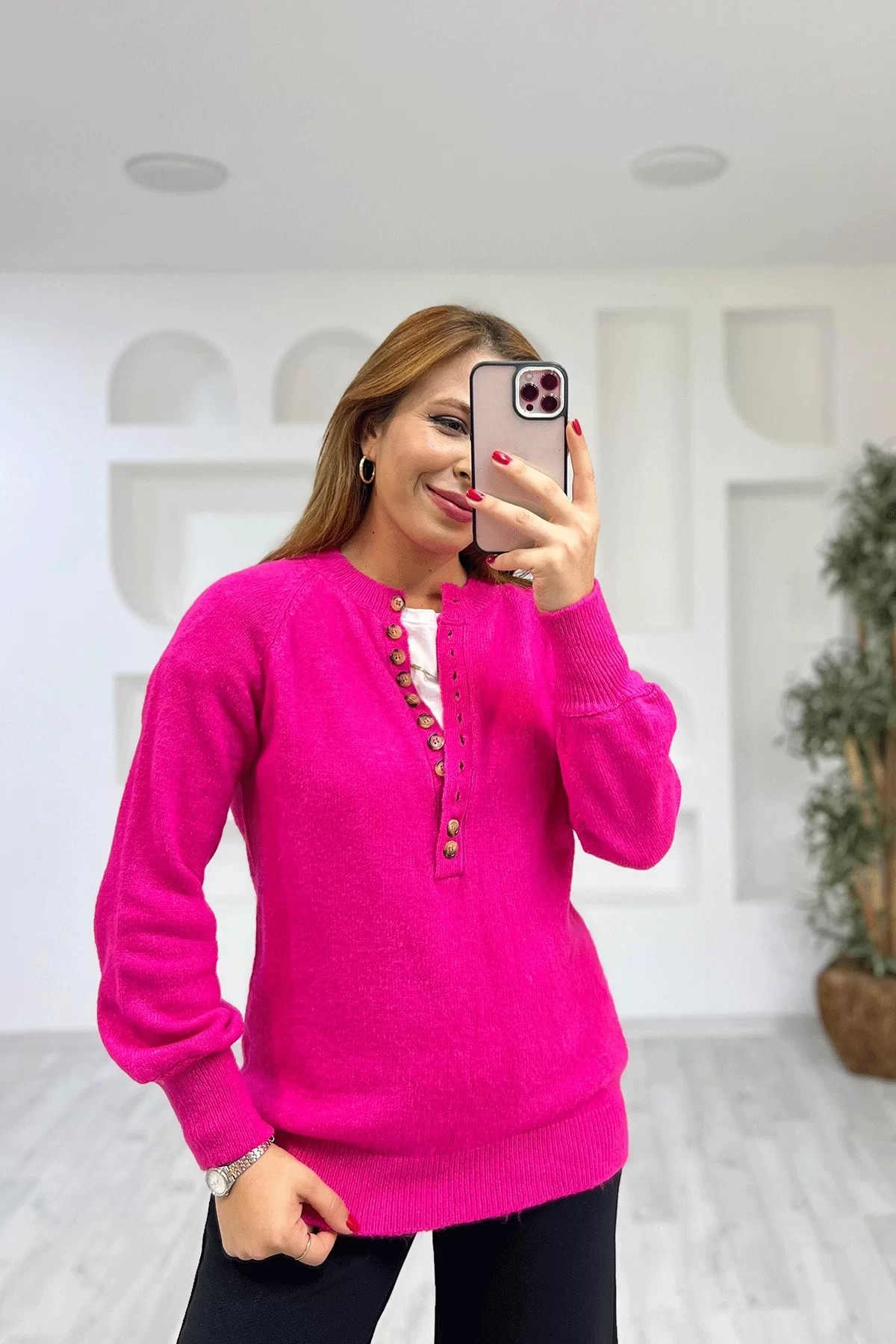 Düğmeli Düz Pembe Kazak
