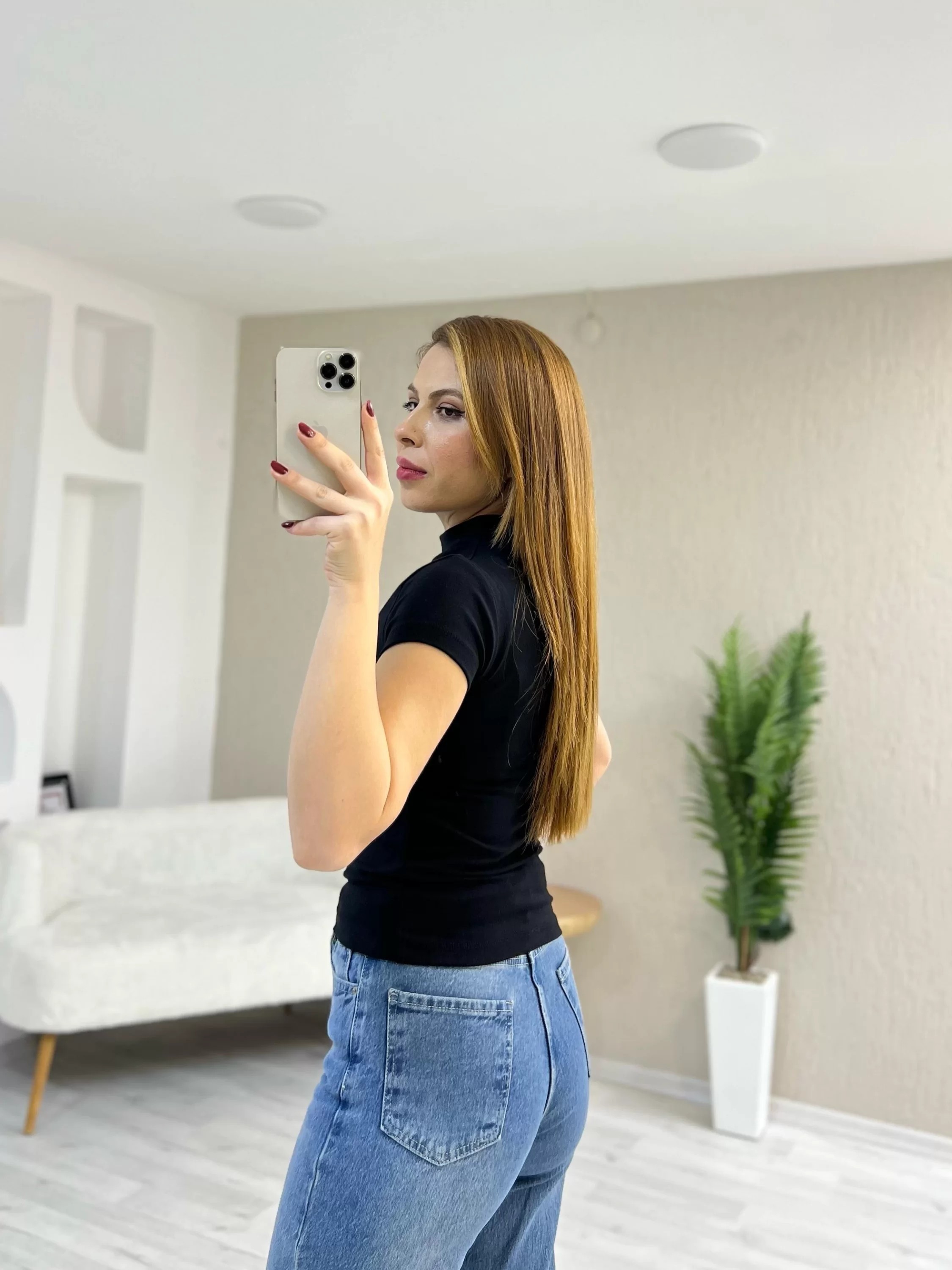 Modal Kumaş Bebe Kol Dik Yaka Tişört Siyah