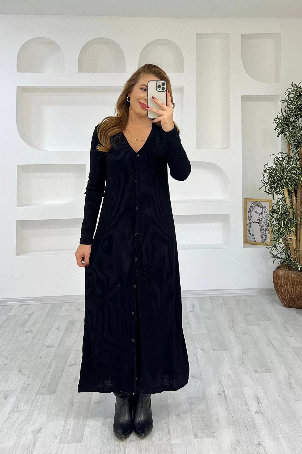 Düğmeli Triko Siyah Elbise