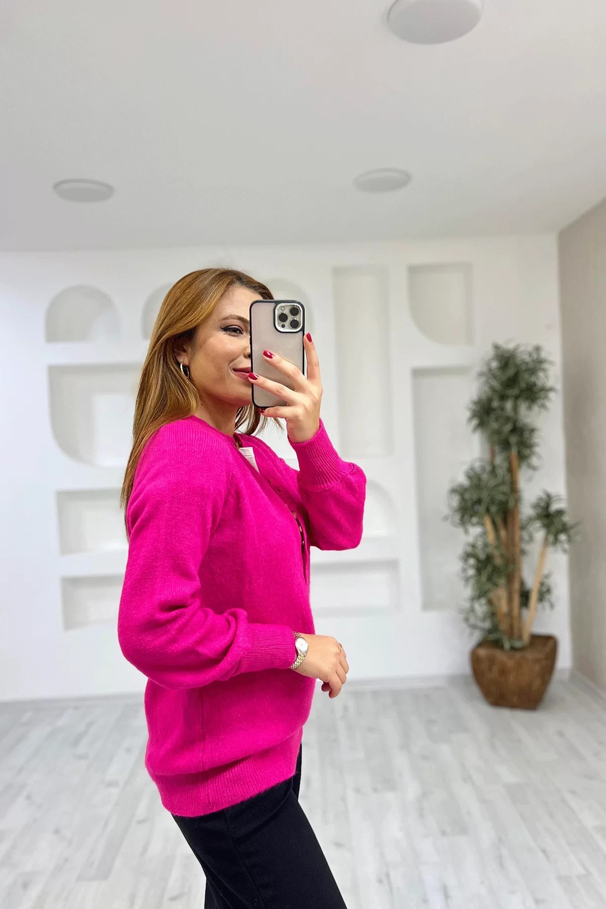 Düğmeli Düz Pembe Kazak