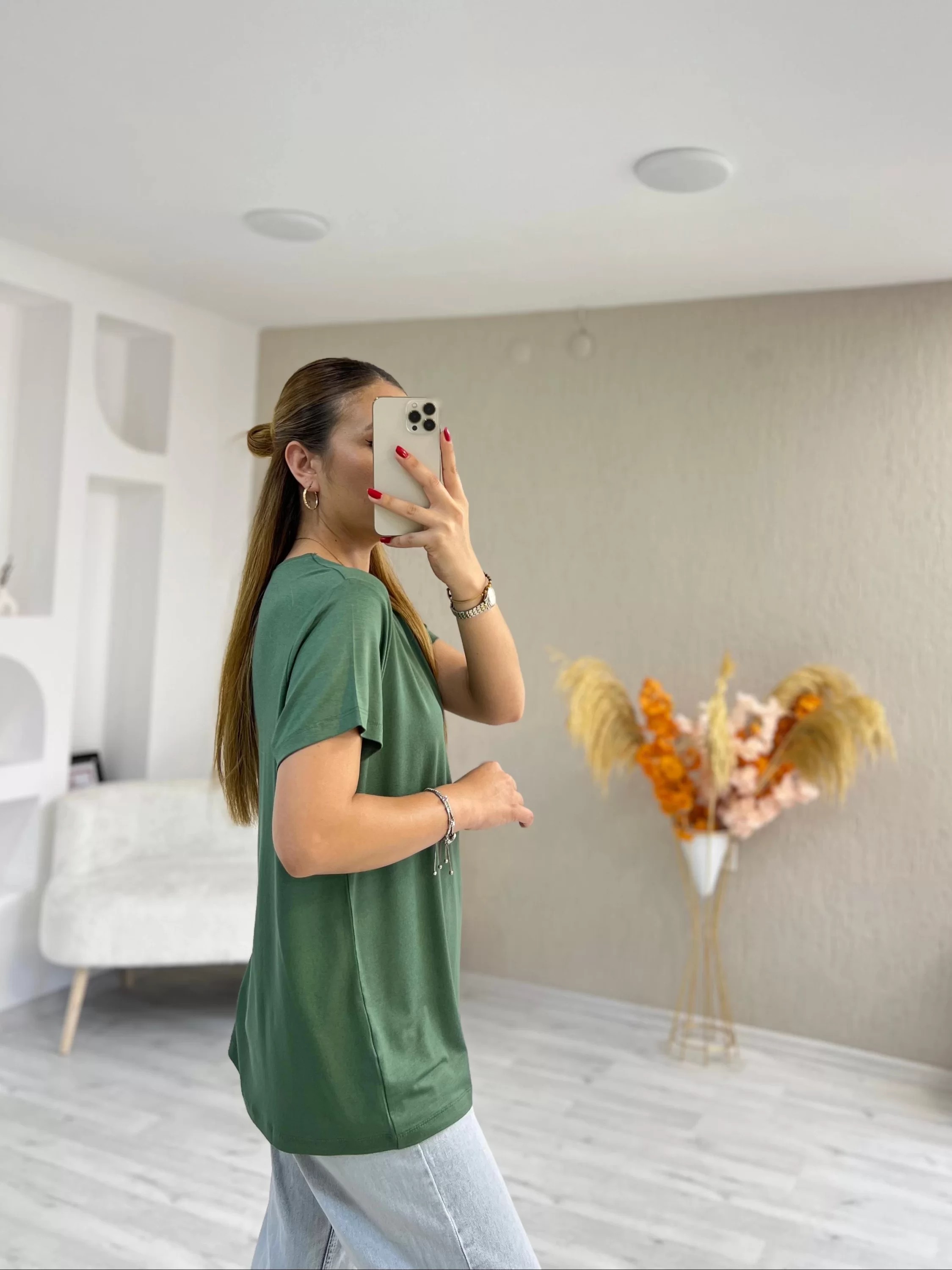 Bisiklet Yaka Viskon Kumaş Basic Tshirt Yeşil