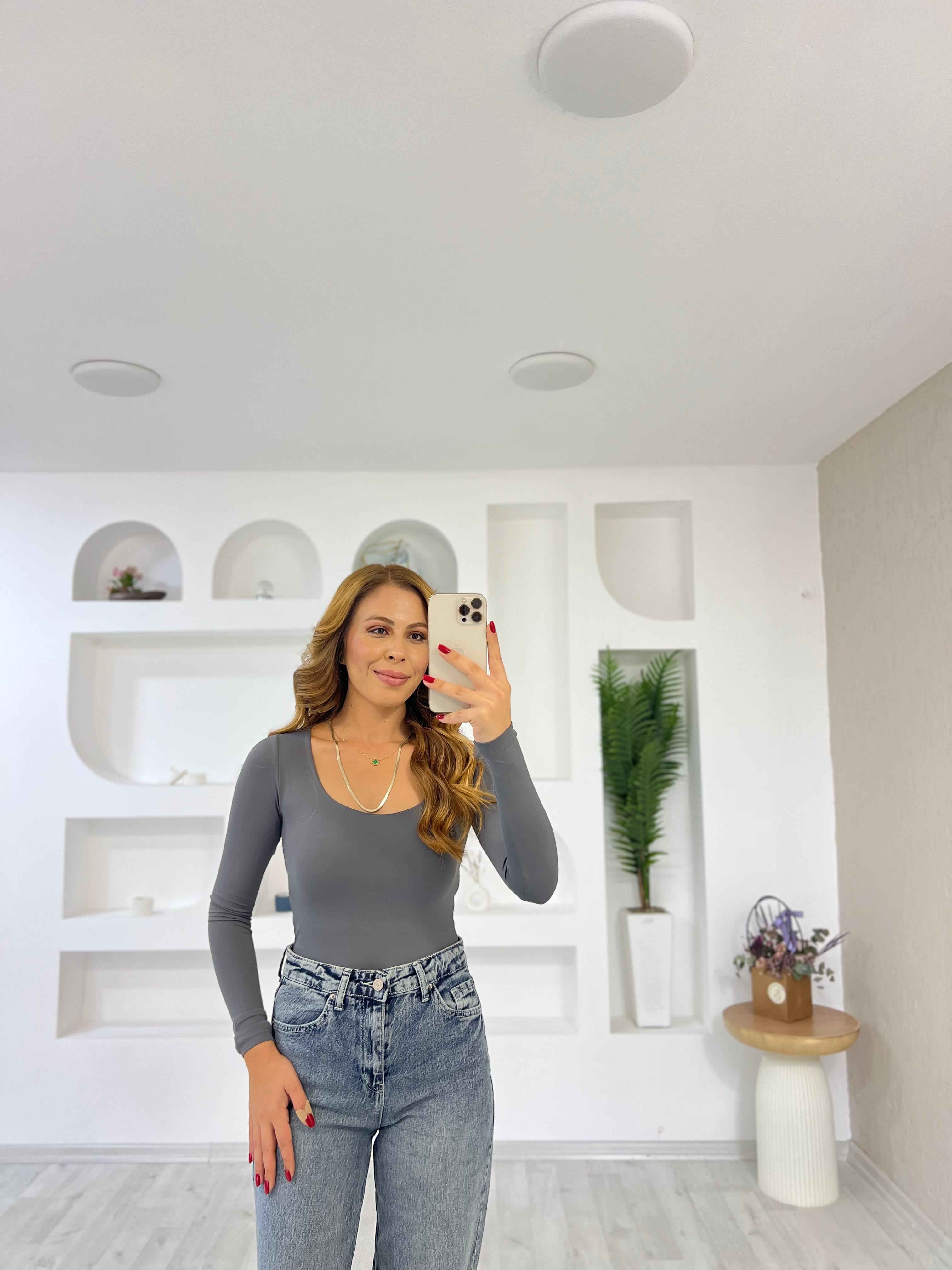 Sandy Kumaş Kare Yaka Bady  - Gri