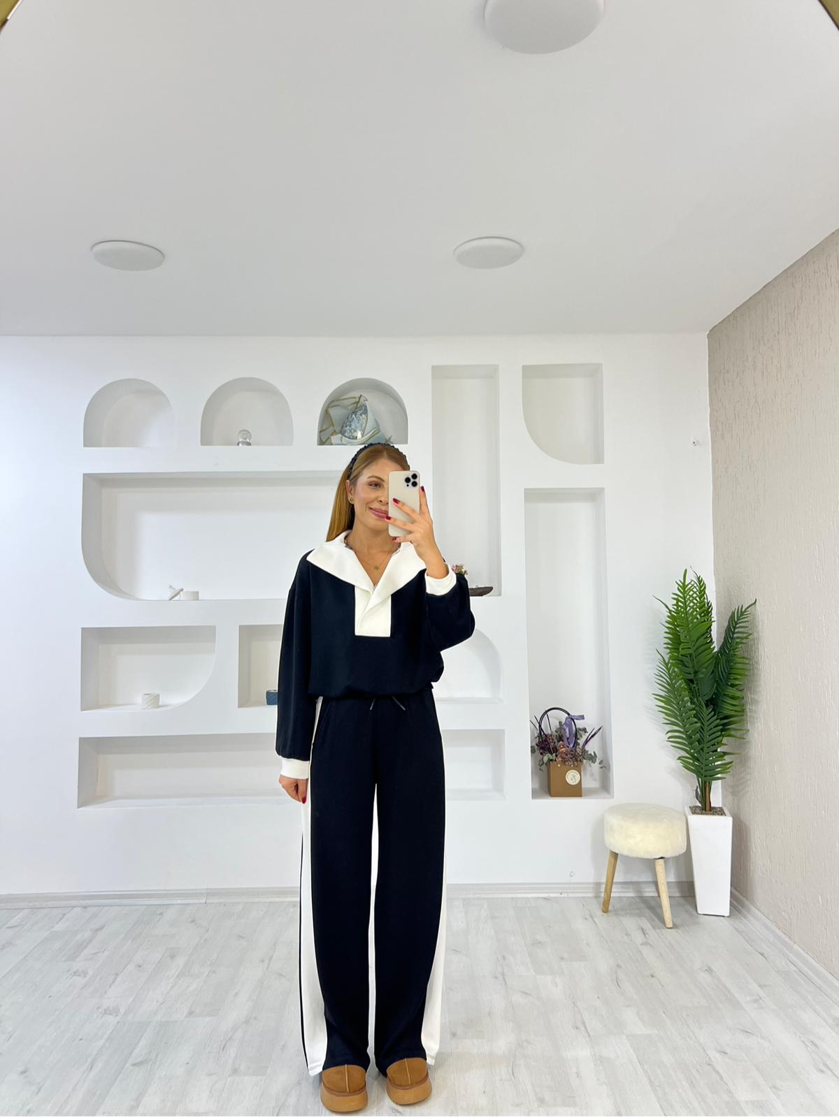 Şal Yaka Garnili İkili Takım - Siyah