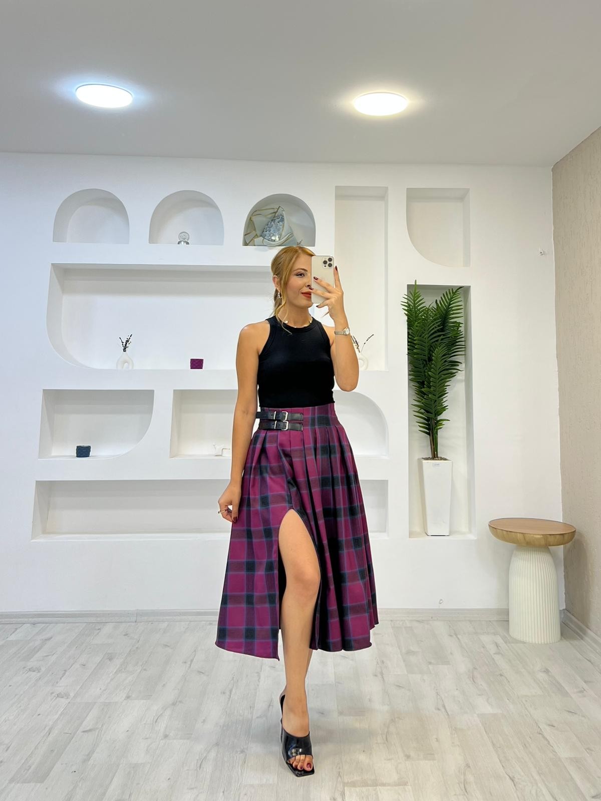 Çift Kemer Detay Yırtmaçlı Ekose Etek - Bordo