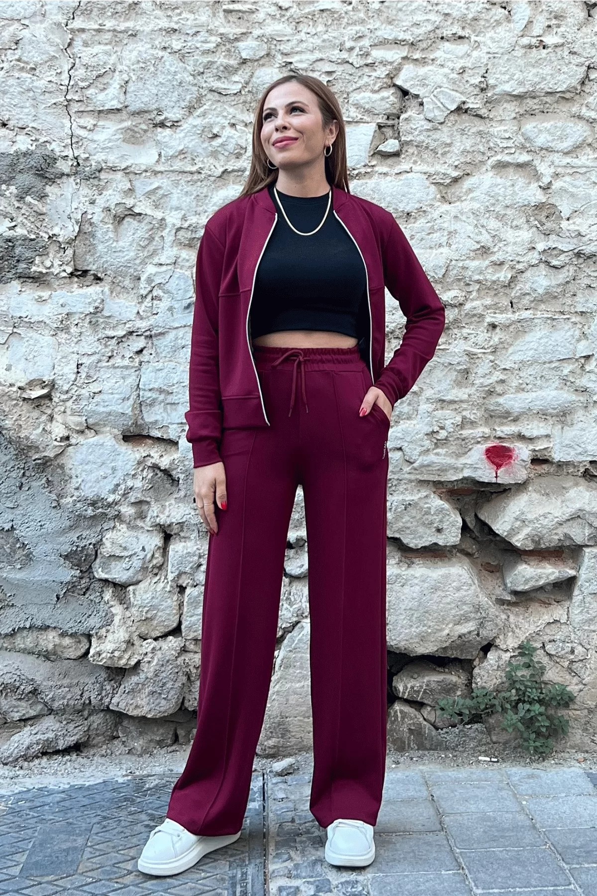 Fermuarlı Hakim Yaka Oysho Bordo Takım