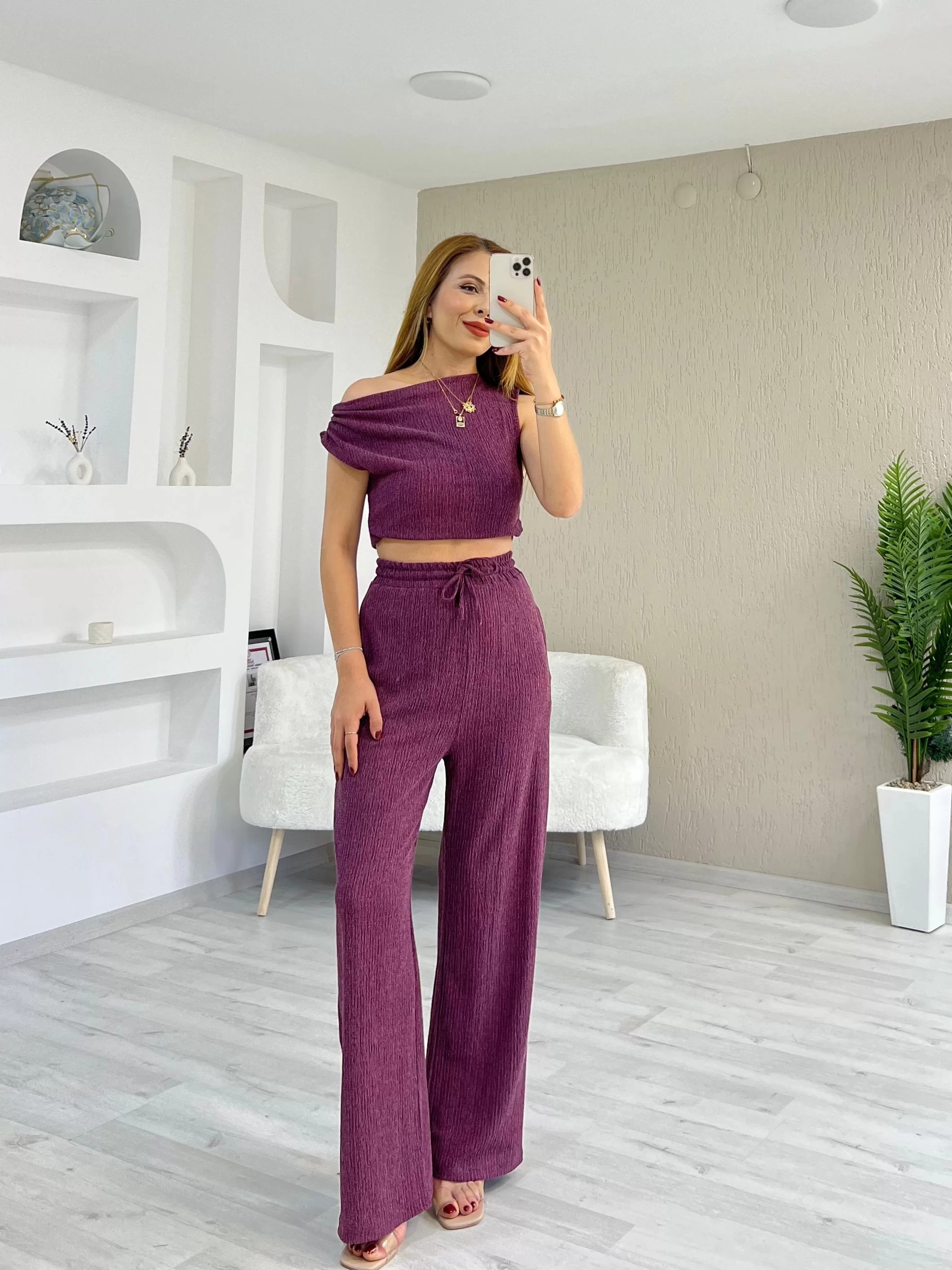 Büzgülü Omuz Detay Bürümcük Bluz Pantolon Takım Mürdüm