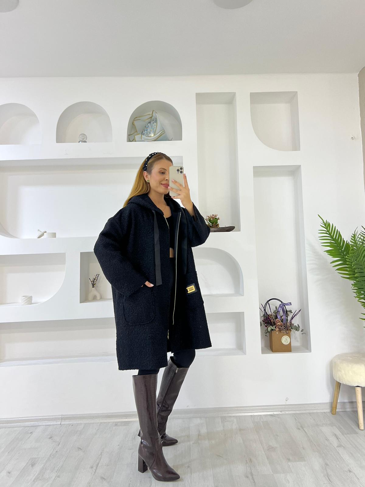 ZR Uzun Fermuarlı Buklet Ceket - Siyah