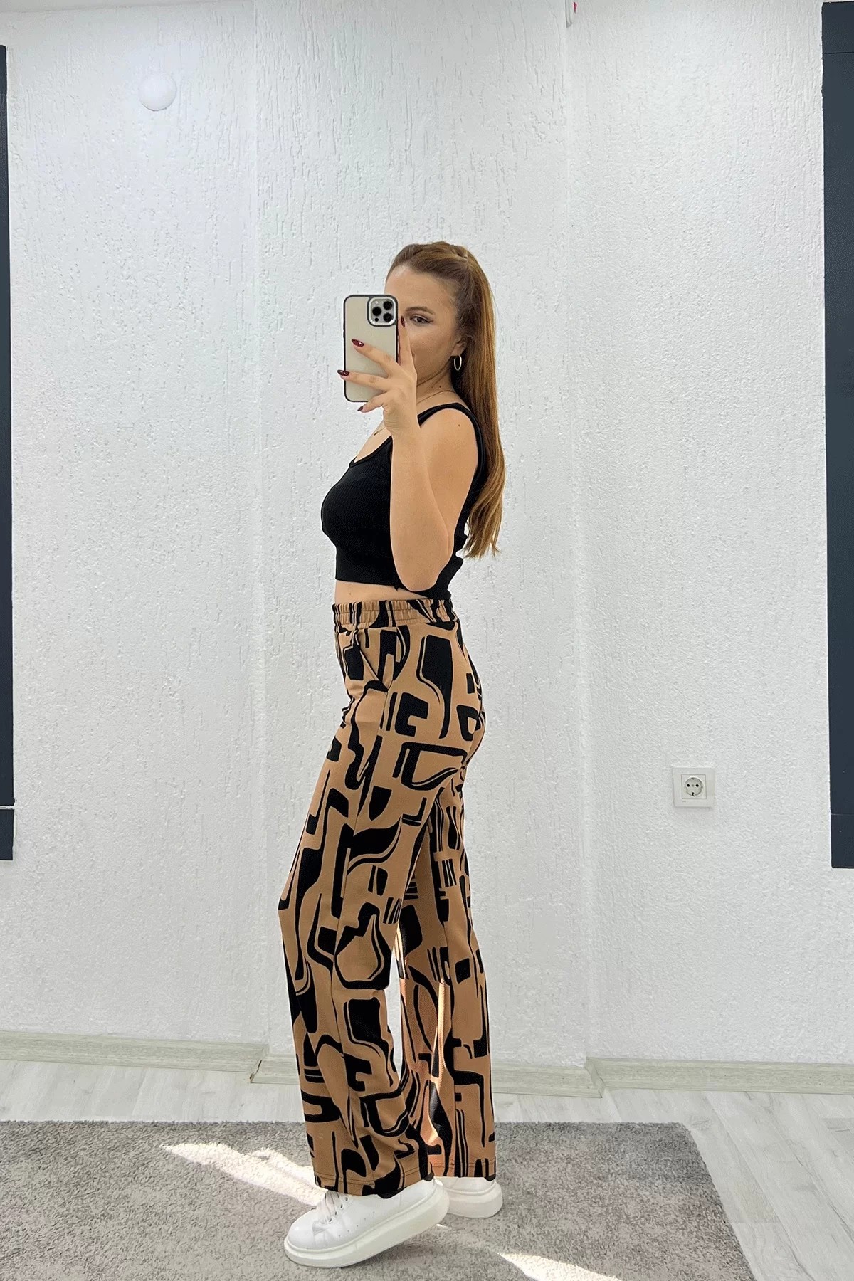 Krep Kumaş Leopar Kahve Pantolon