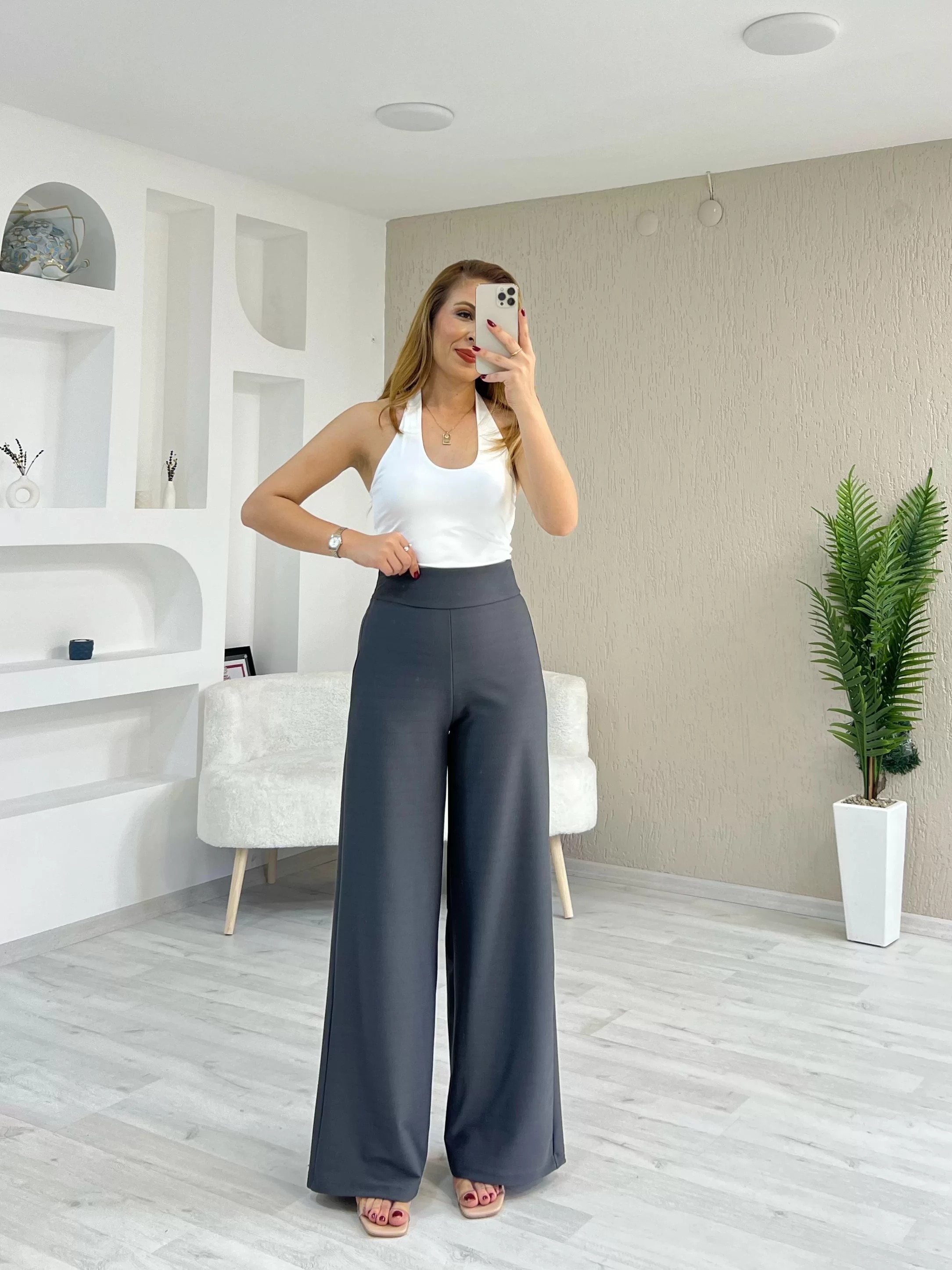 Bel Korsajlı Bol Paça Pantolon Antrasit