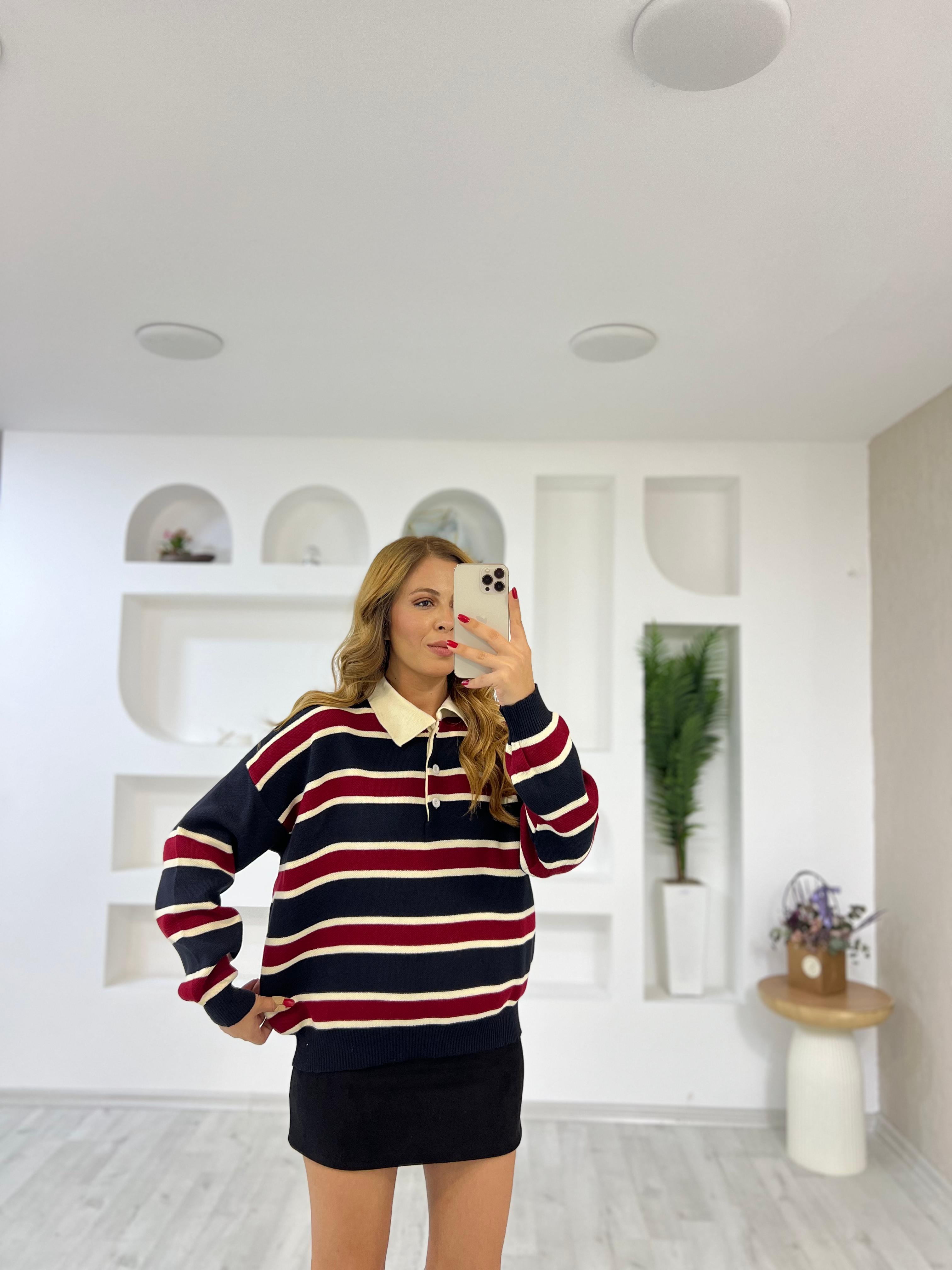 Polo Yaka Çizgili Triko Kazak