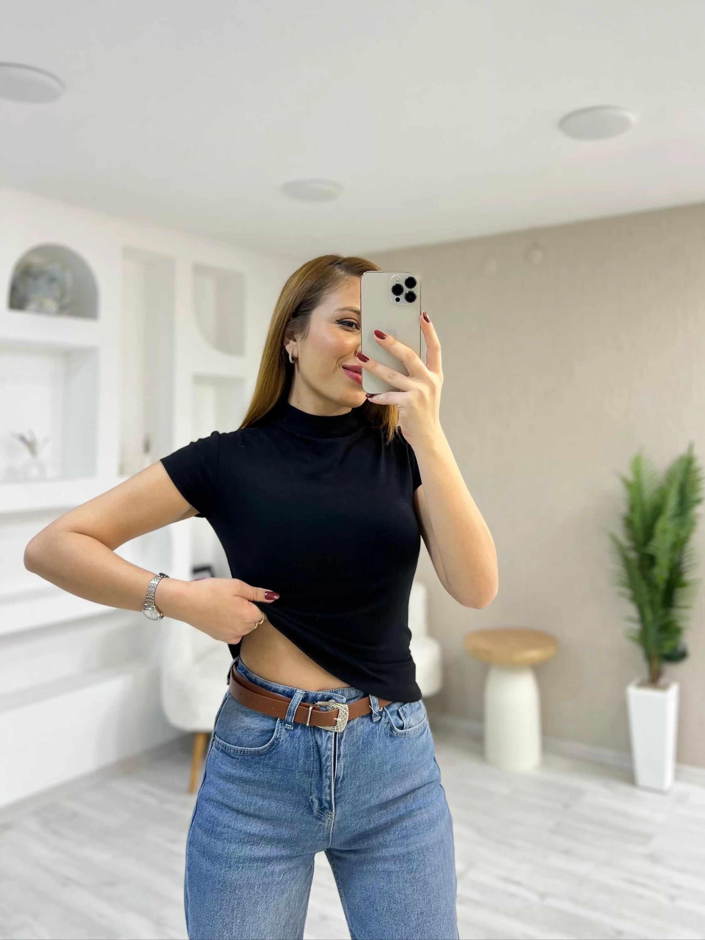 Modal Kumaş Bebe Kol Dik Yaka Tişört Siyah