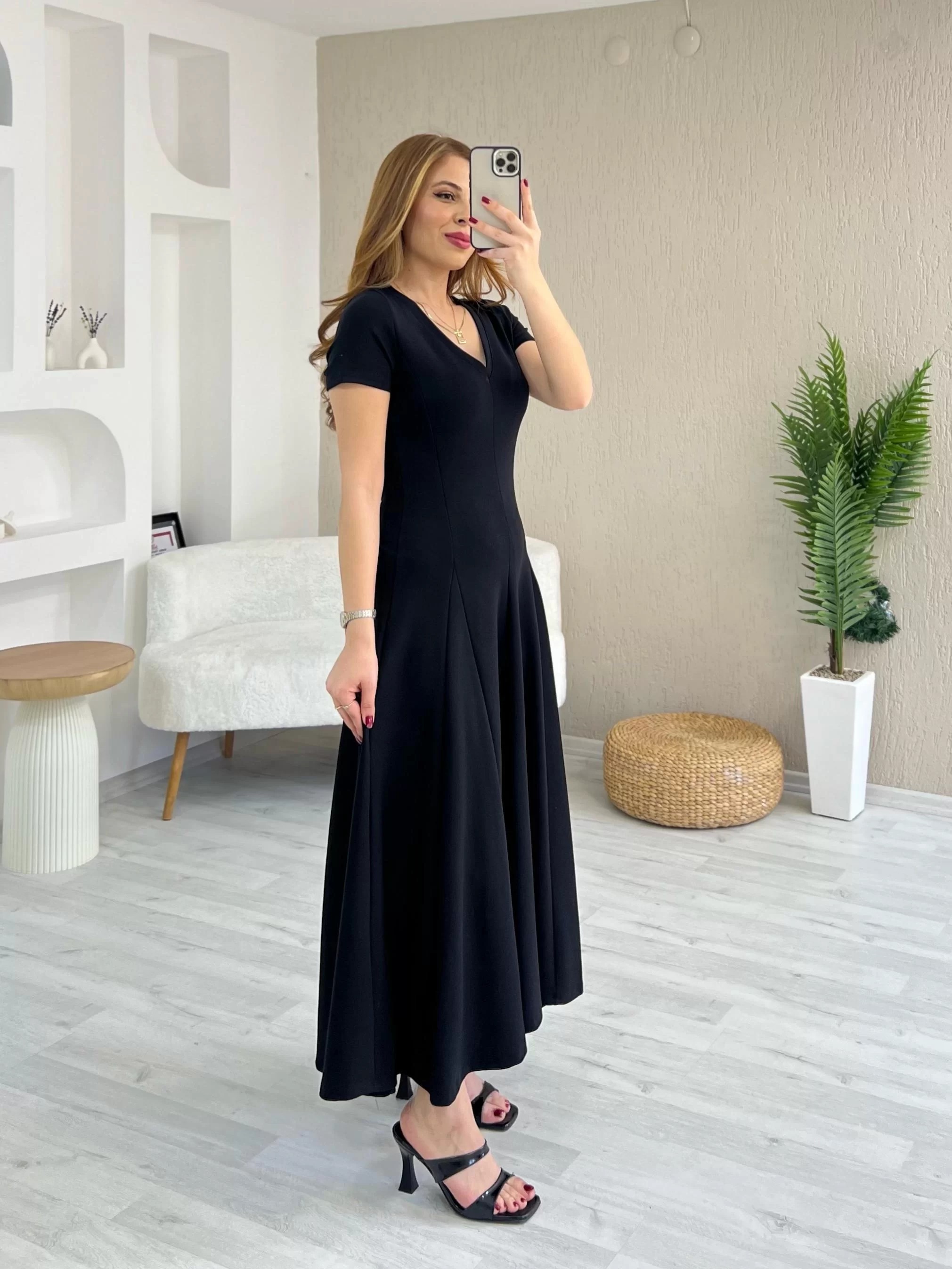 Modal Dilimli Maxi Boy Elbise Siyah