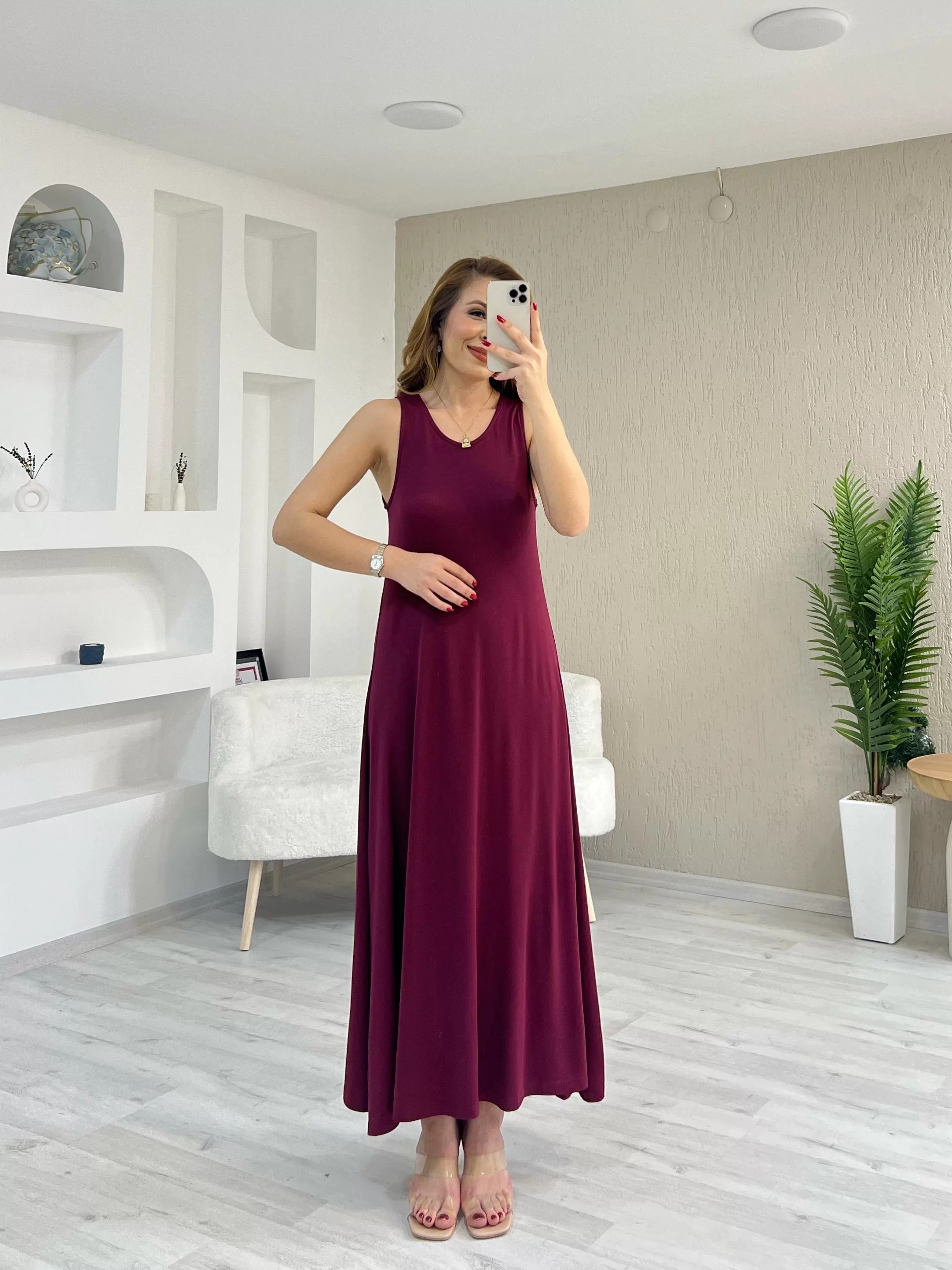 Oysho Kumaş Arka Düğmeli Elbise Bordo