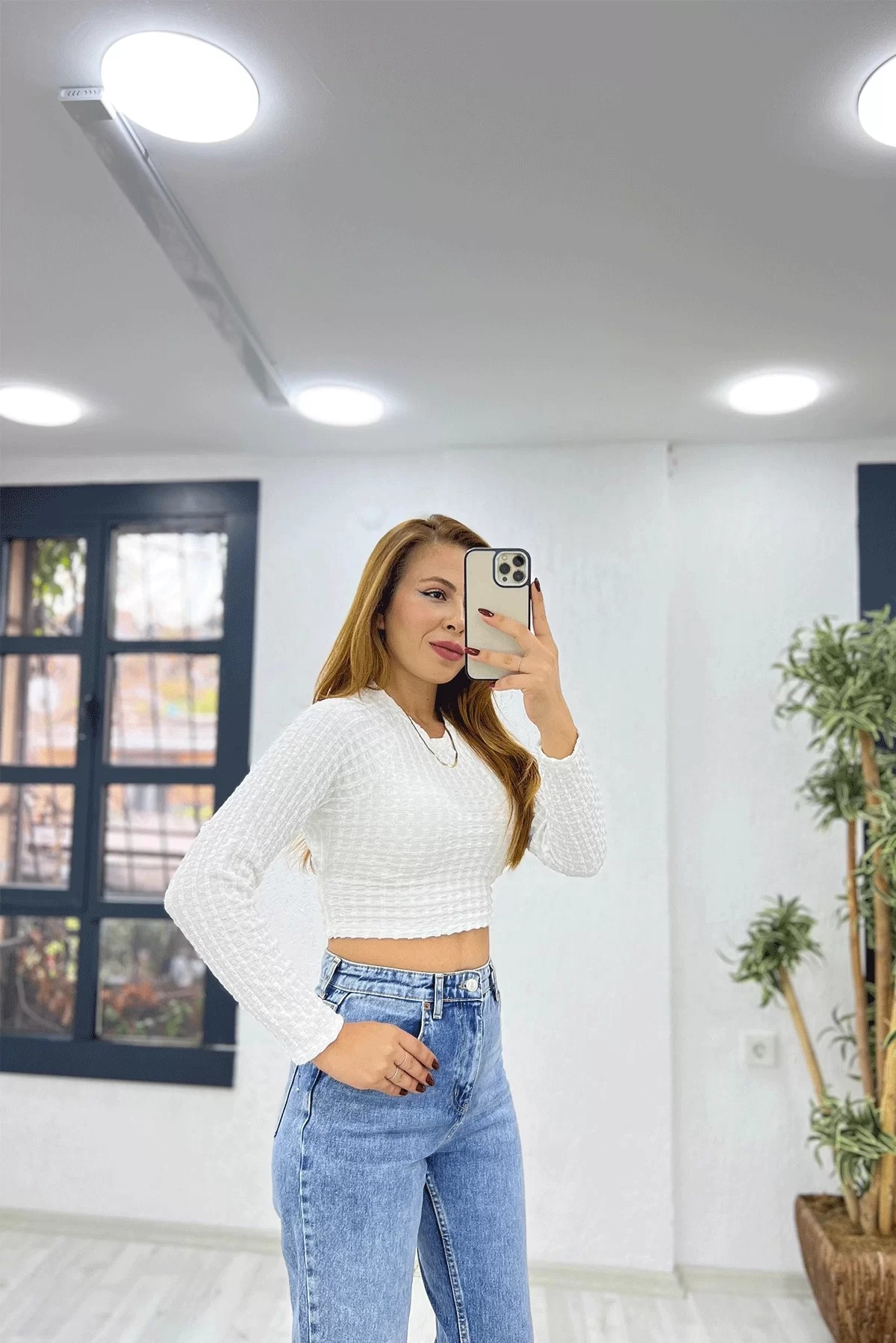 Kabartma Triko Beyaz Crop