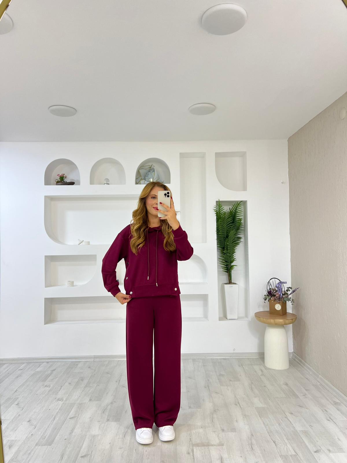 Modal Kumaş Çıtçıtlı Takım  - Bordo