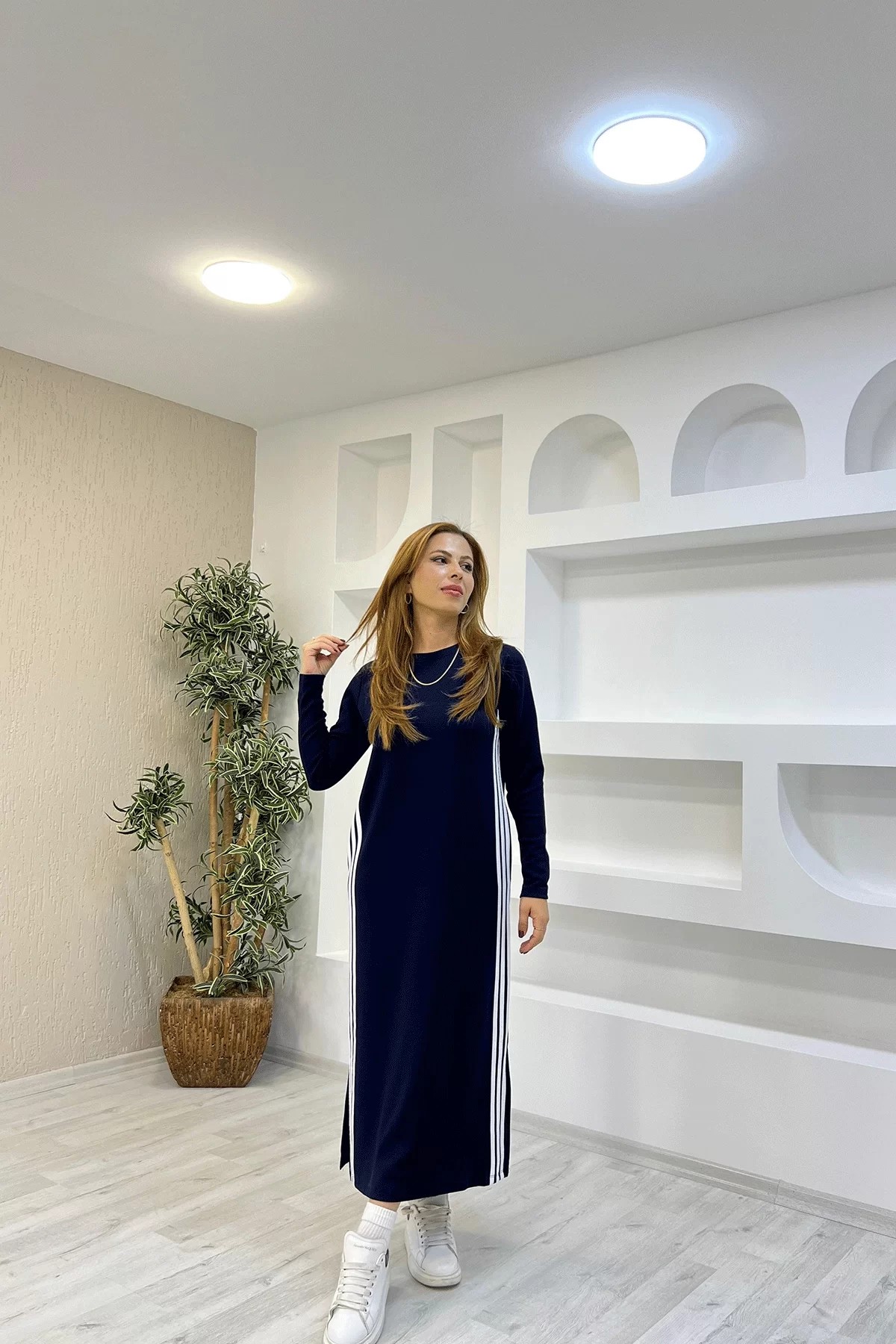 Çizgili Şeritli Lacivert Elbise