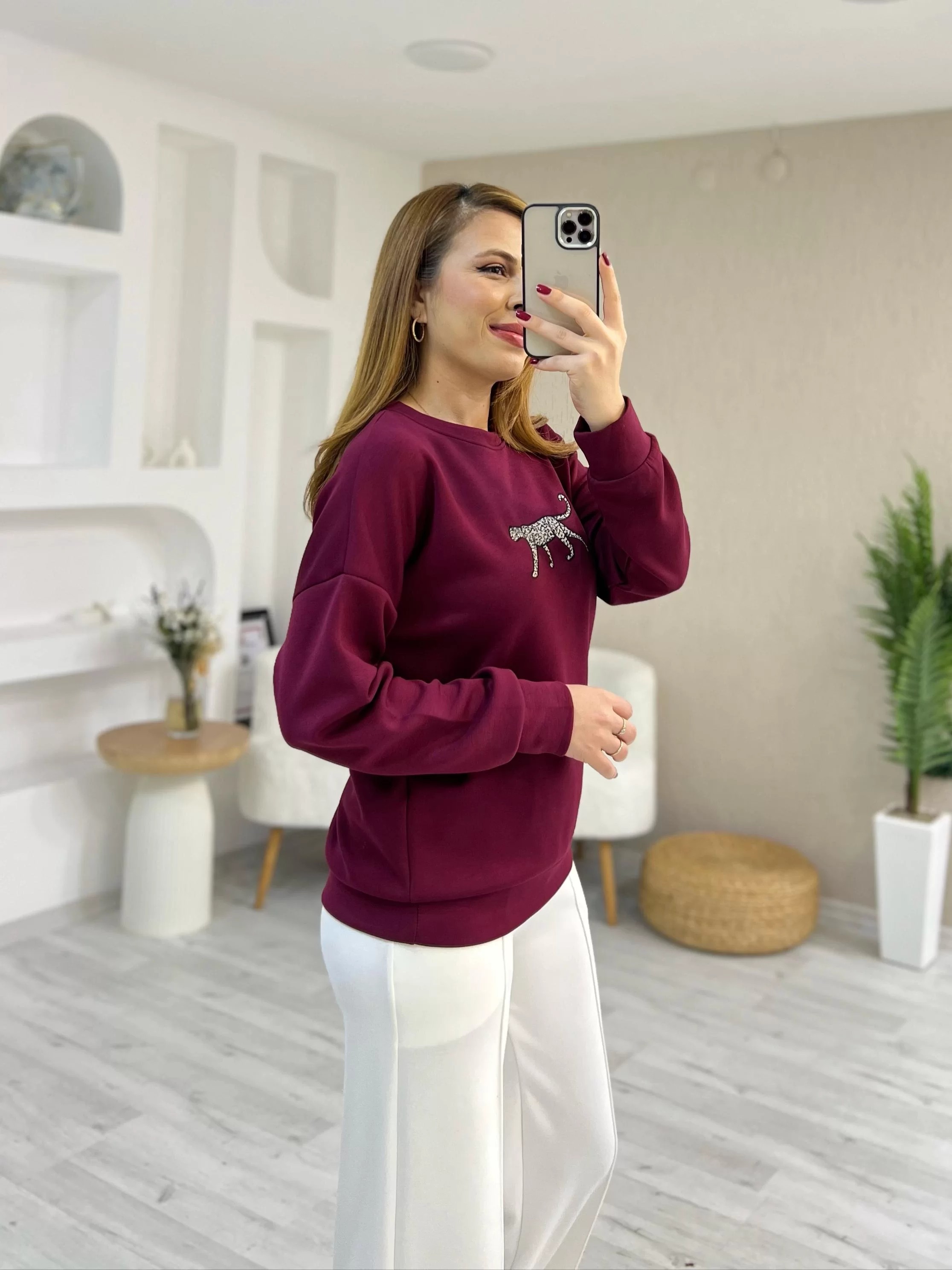 Leopar Detay Baskılı Sweat Bordo