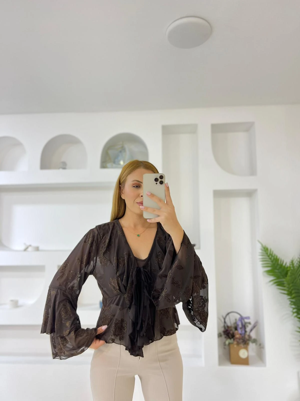 Simli Flog Fırfırlı Bluz