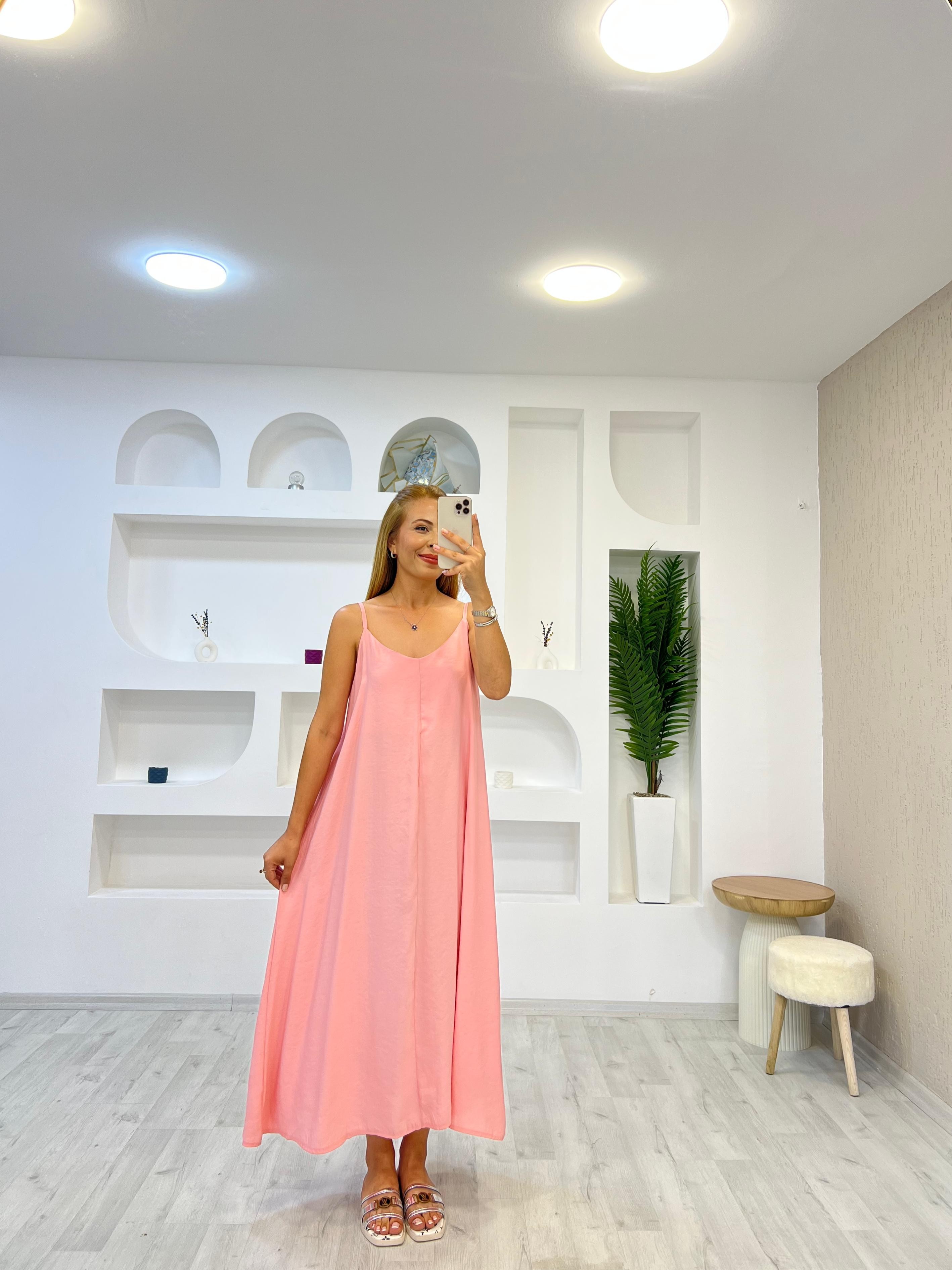 Tensel Kumaş Ayarlanabilir Askılı Elbise - Pembe